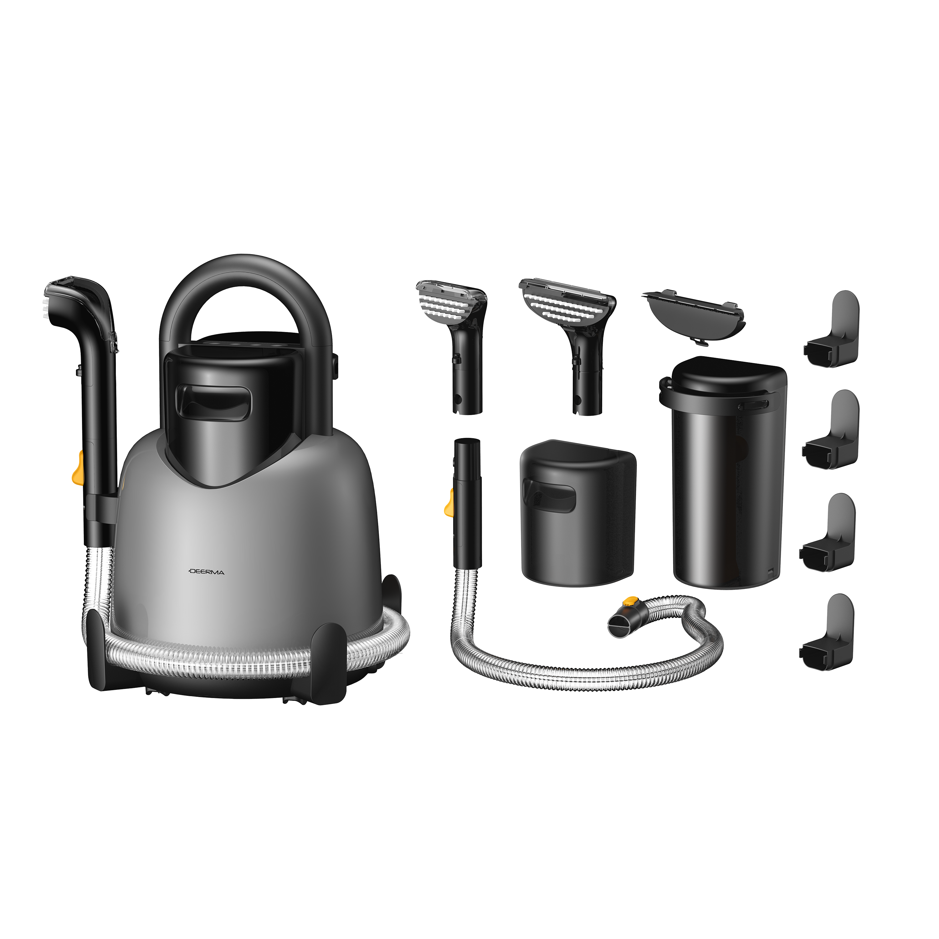 Szaro-czarny odkurzacz z różnymi nasadkami i srebrnym wężem, wszystko na białym tle.