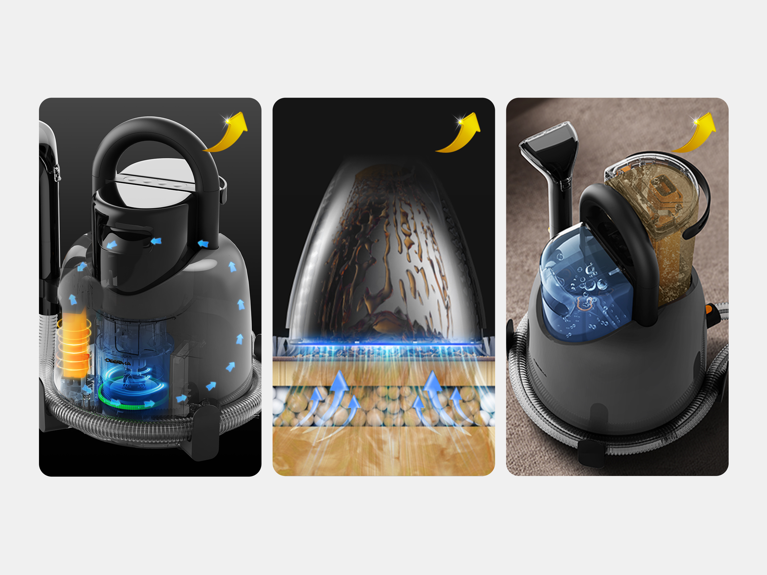 Trzy zdjęcia pokazują części do czyszczenia dywanów. Strzałki pokazują działanie czyszczenia, w tym przepływ wody i brudu.