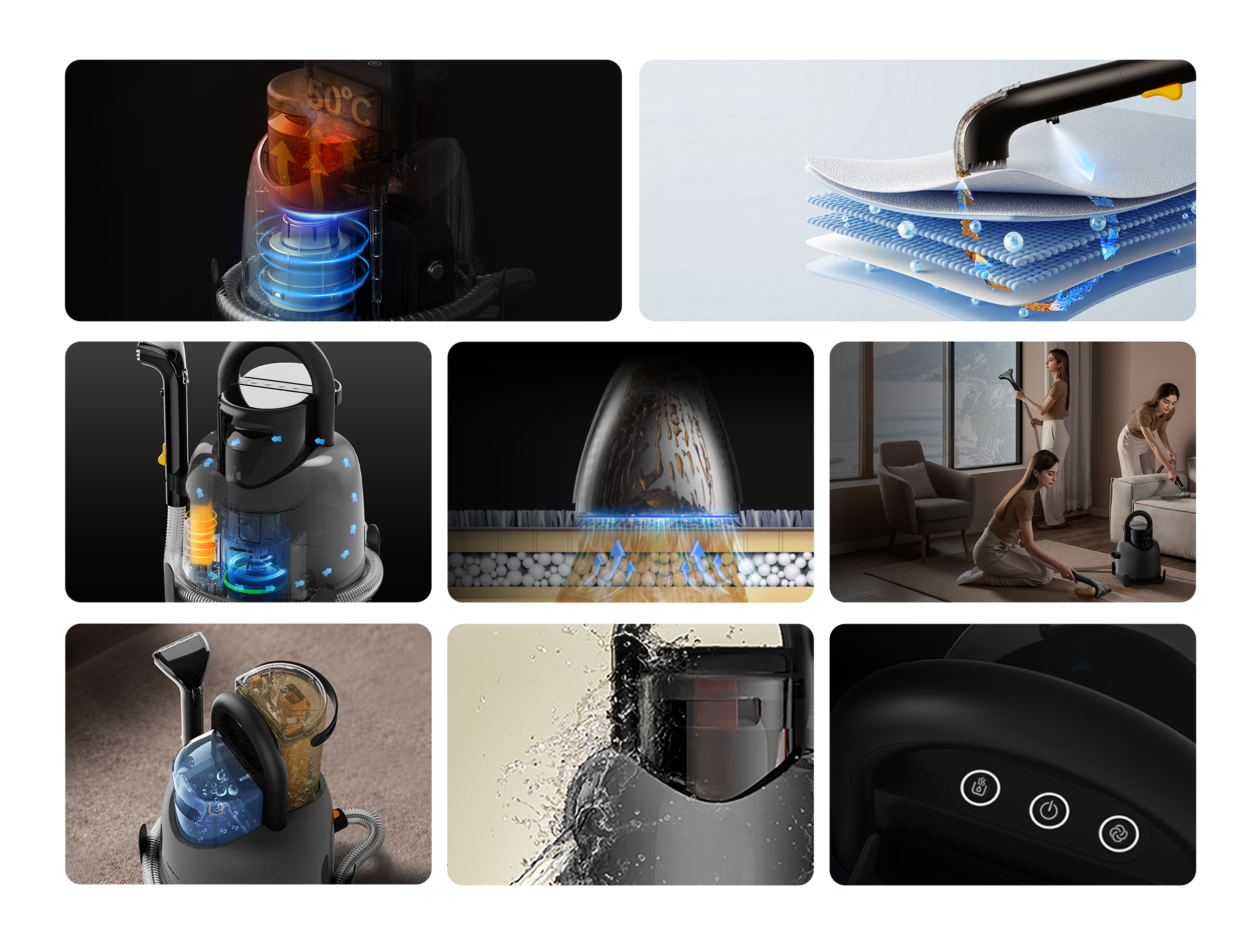 Zdjęcia urządzenia czyszczącego. Kilka zdjęć przedstawia wewnętrzne działanie i użytkowanie urządzenia. Urządzenie jest czarno-szare.