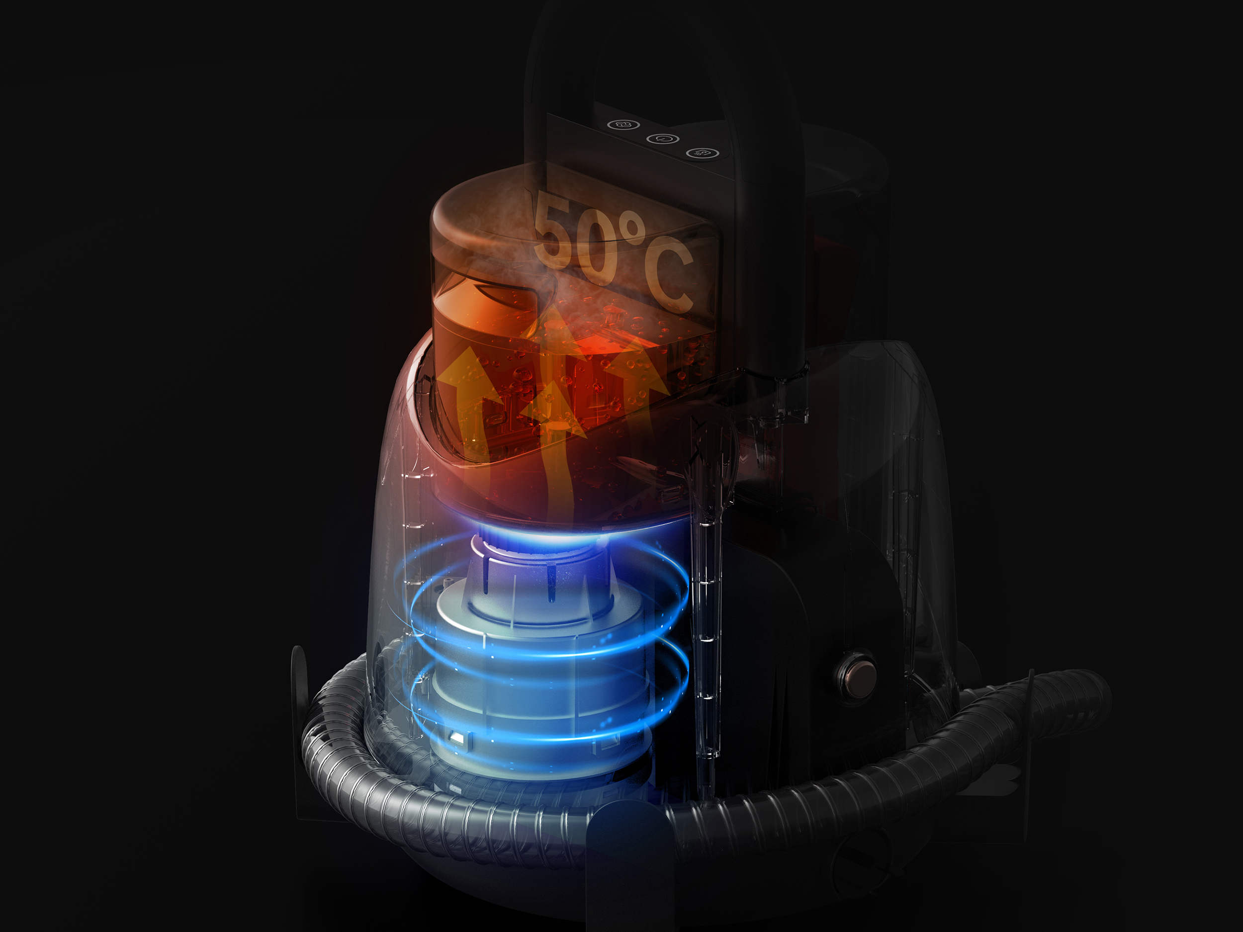 Schemat czarnego urządzenia z przezroczystym zbiornikiem na wodę pokazujący parę i 50°C. Niebieskie pierścienie otaczają podstawę.