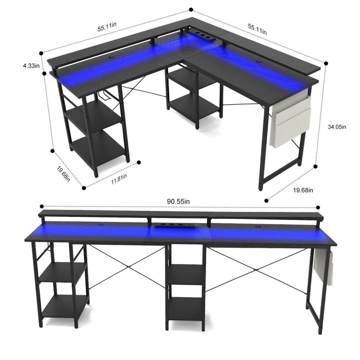Schwarzer L-förmiger Computertisch mit blauen LED-Leuchten. Enthält Regale, eine Seitentasche und Maße in Zoll.