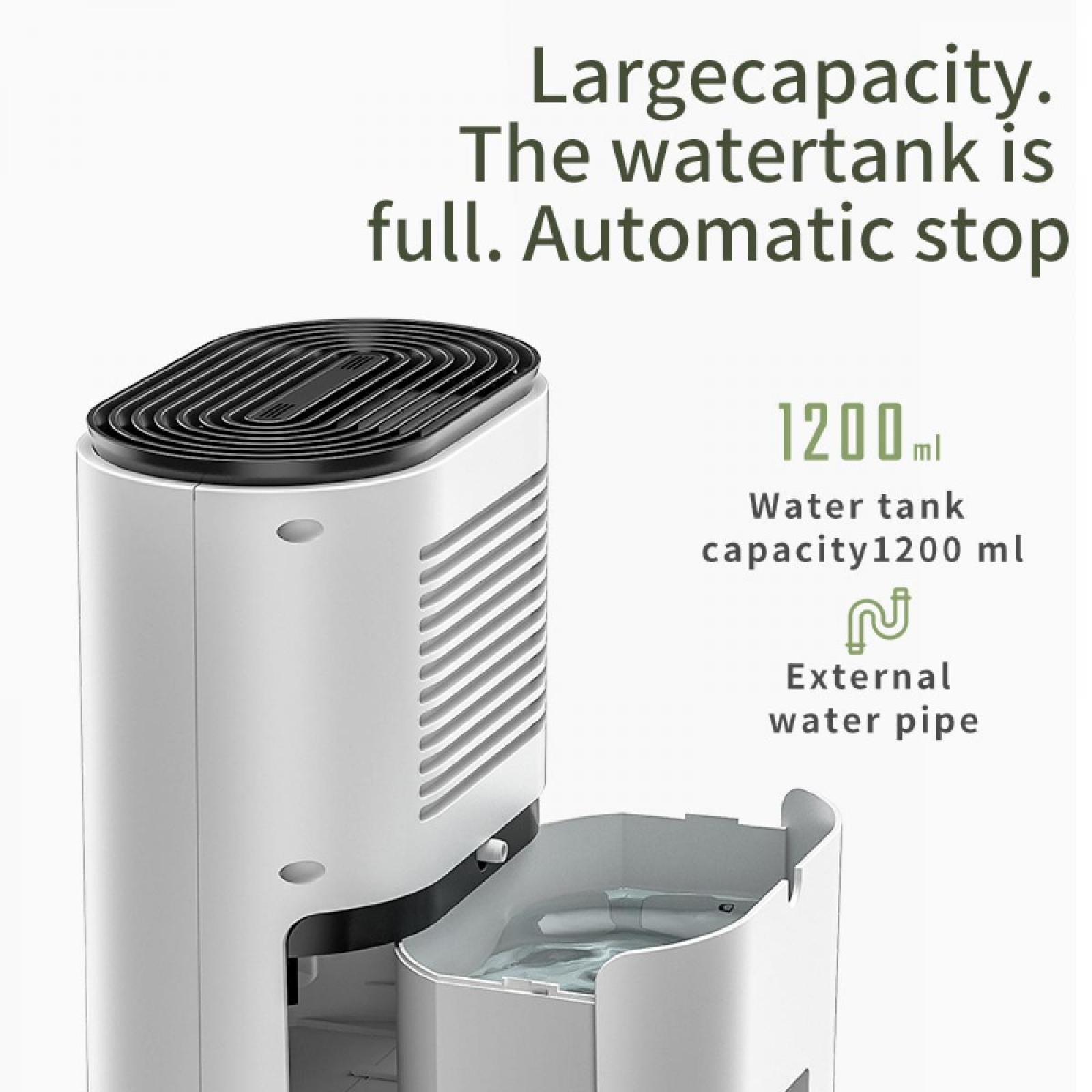 Ein weißer Luftbefeuchter mit schwarzer Oberseite. Text: Große Kapazität, voller Wassertank, automatischer Stopp, 1200ml Kapazität, externe Wasserleitung.