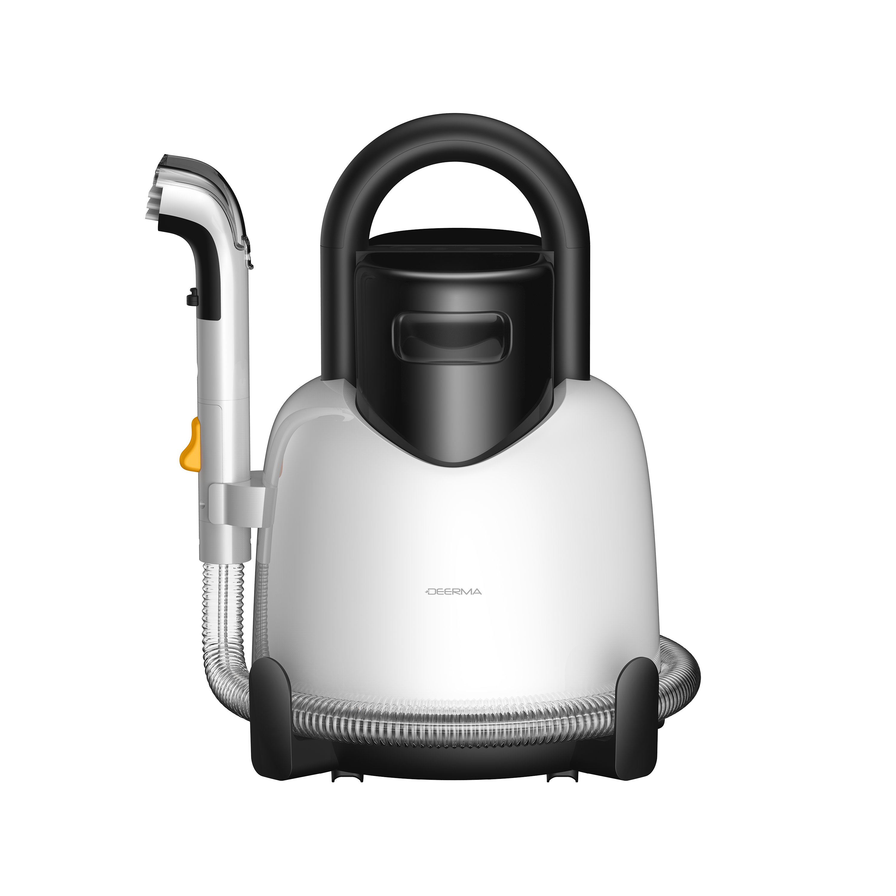 Biało-czarny odkurzacz do dywanów. Ma uchwyt, dyszę i elastyczny wąż. Tło jest białe.