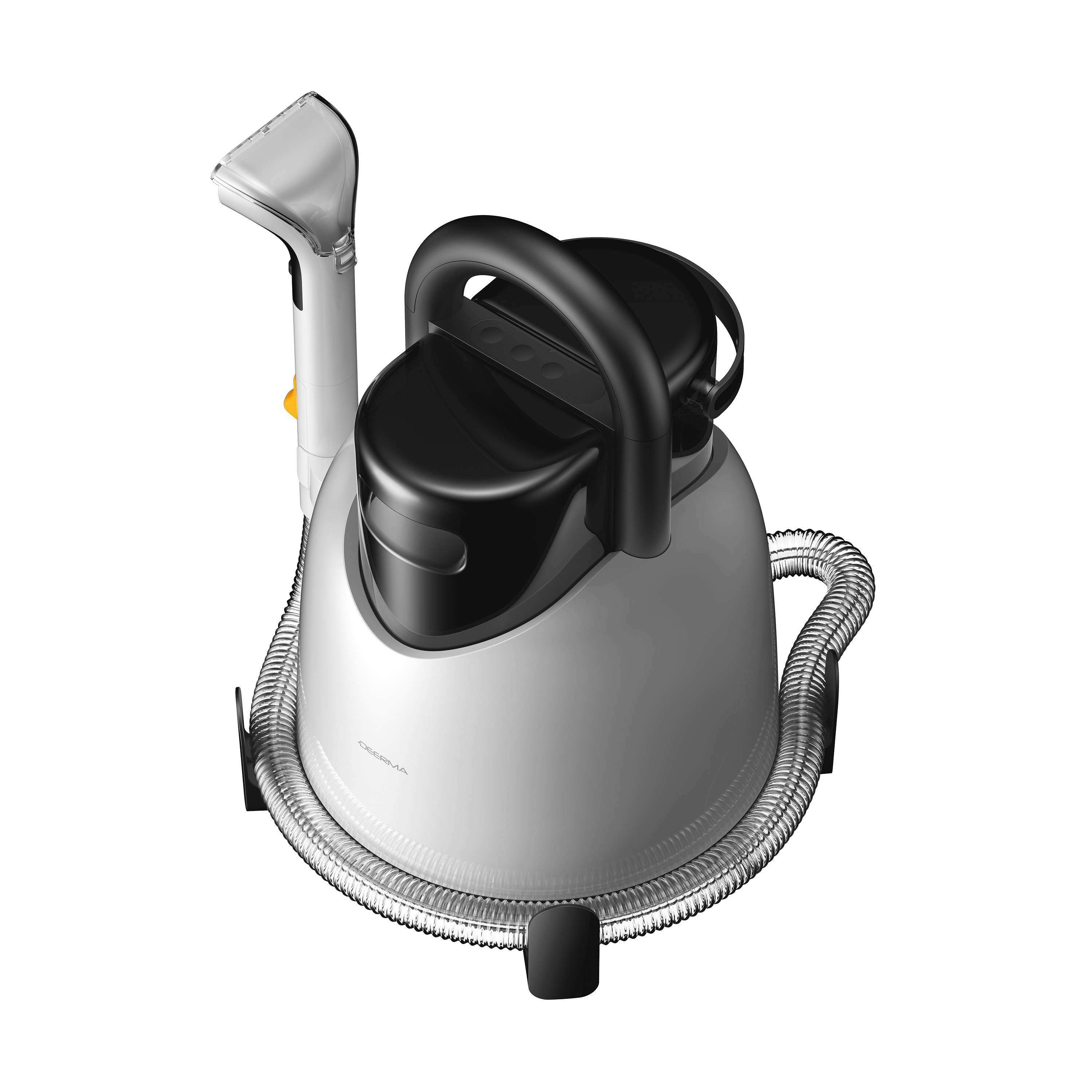 Biało-czarny parownik. Posiada uchwyt, dyszę i elastyczny wąż.