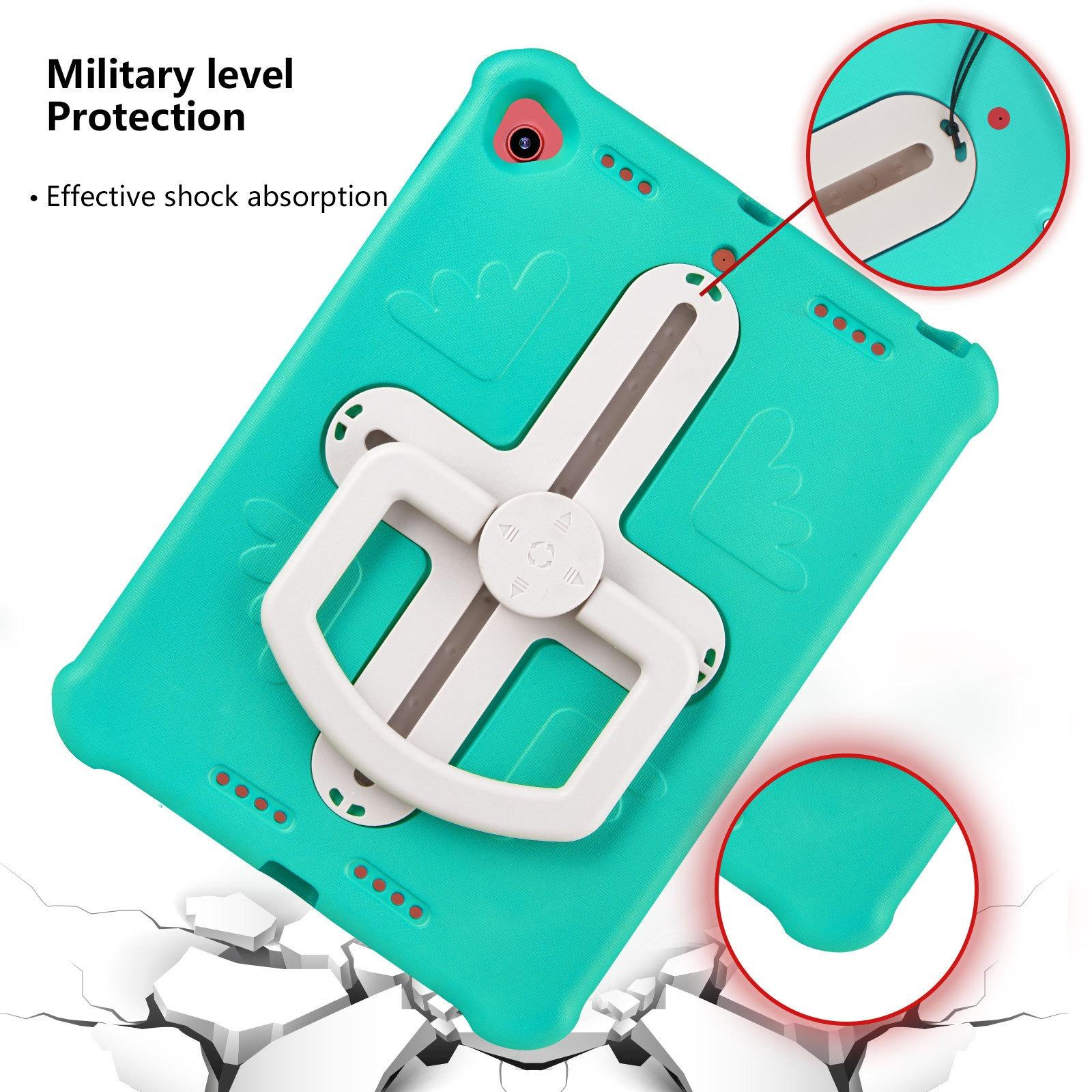 Eine türkisblaue Tablethülle mit weißem Halter. Die Hülle ist mit 'Military level Protection' beschriftet.