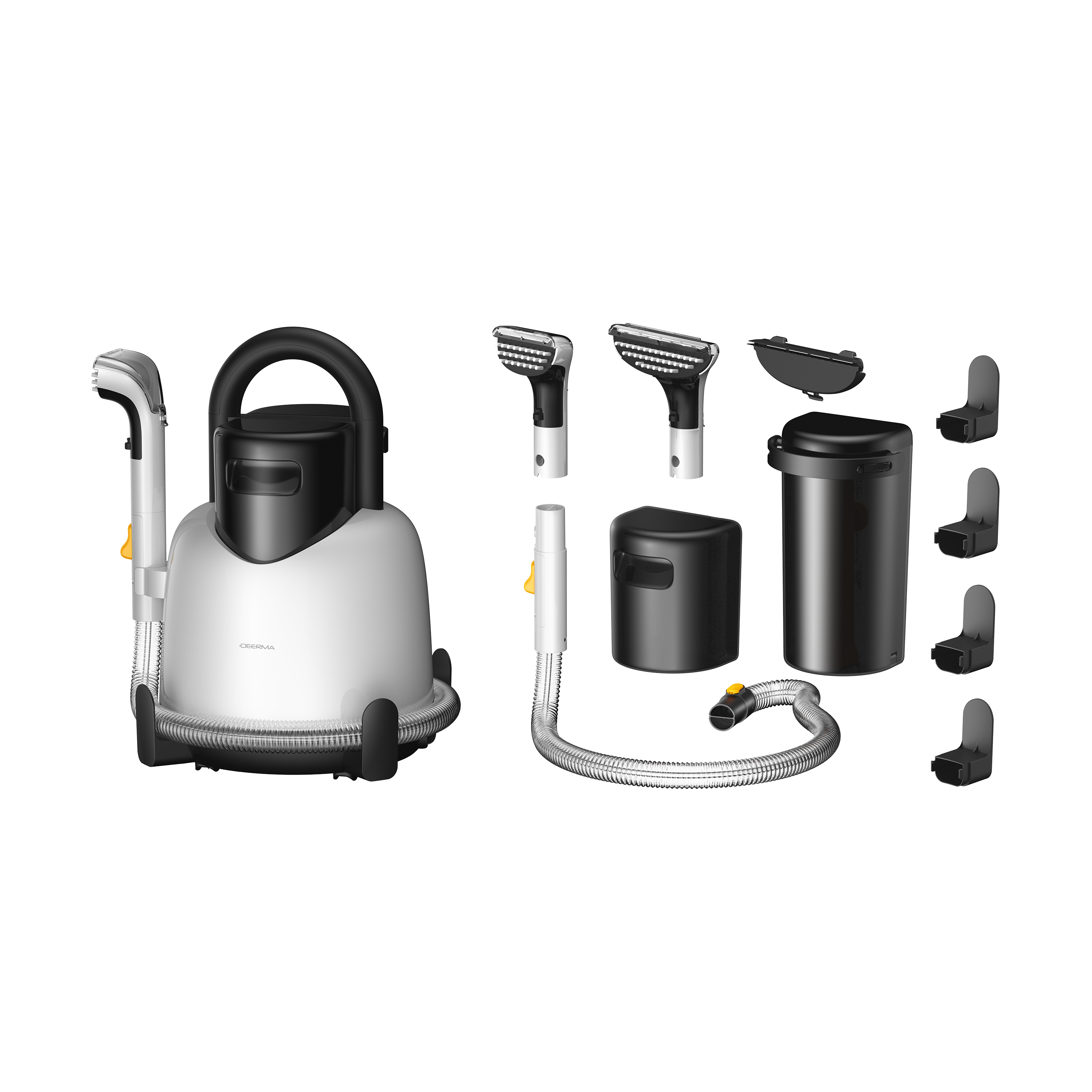 Biało-czarny odkurzacz z akcesoriami. Zawiera węże, szczotki i czarny pojemnik.