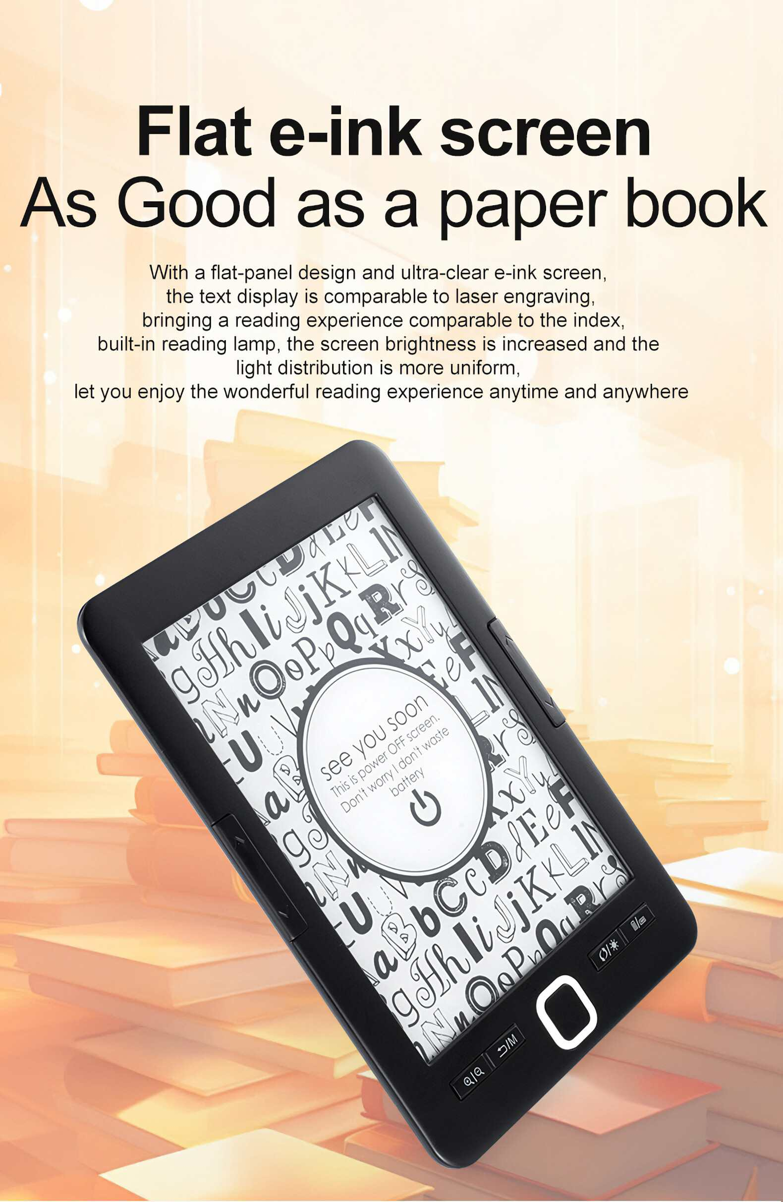 Ein E-Reader zeigt Text an. Der Bildschirm zeigt Buchstaben, einen Power-Button und den Text "see you soon". Der Hintergrund sind Bücher.