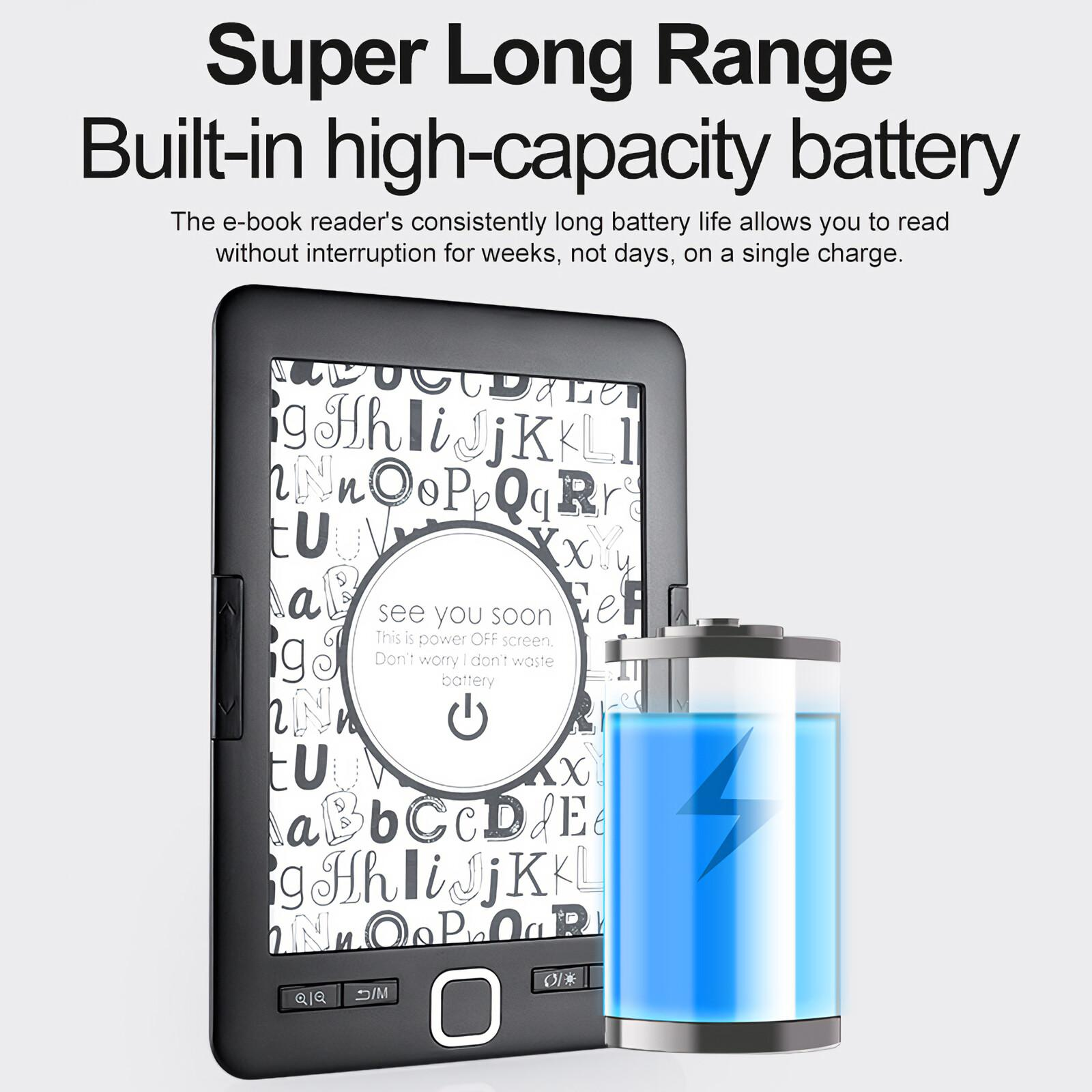 Ein E-Reader mit einem Akkusymbol, das einen blauen Blitz zeigt. Der Bildschirm zeigt Buchstaben. Text lautet 'Super Long Range'.