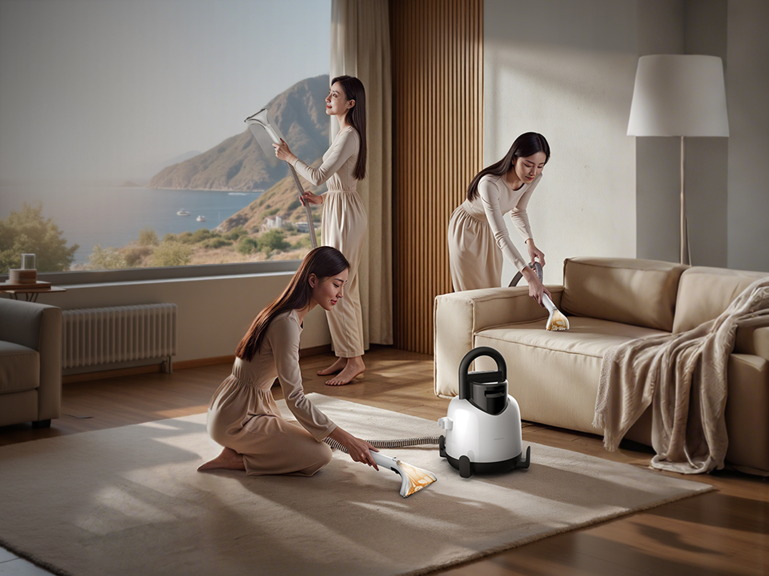 Trzy kobiety sprzątają pokój za pomocą odkurzacza parowego. Jedna czyści okno, druga dywan, a trzecia sofę.