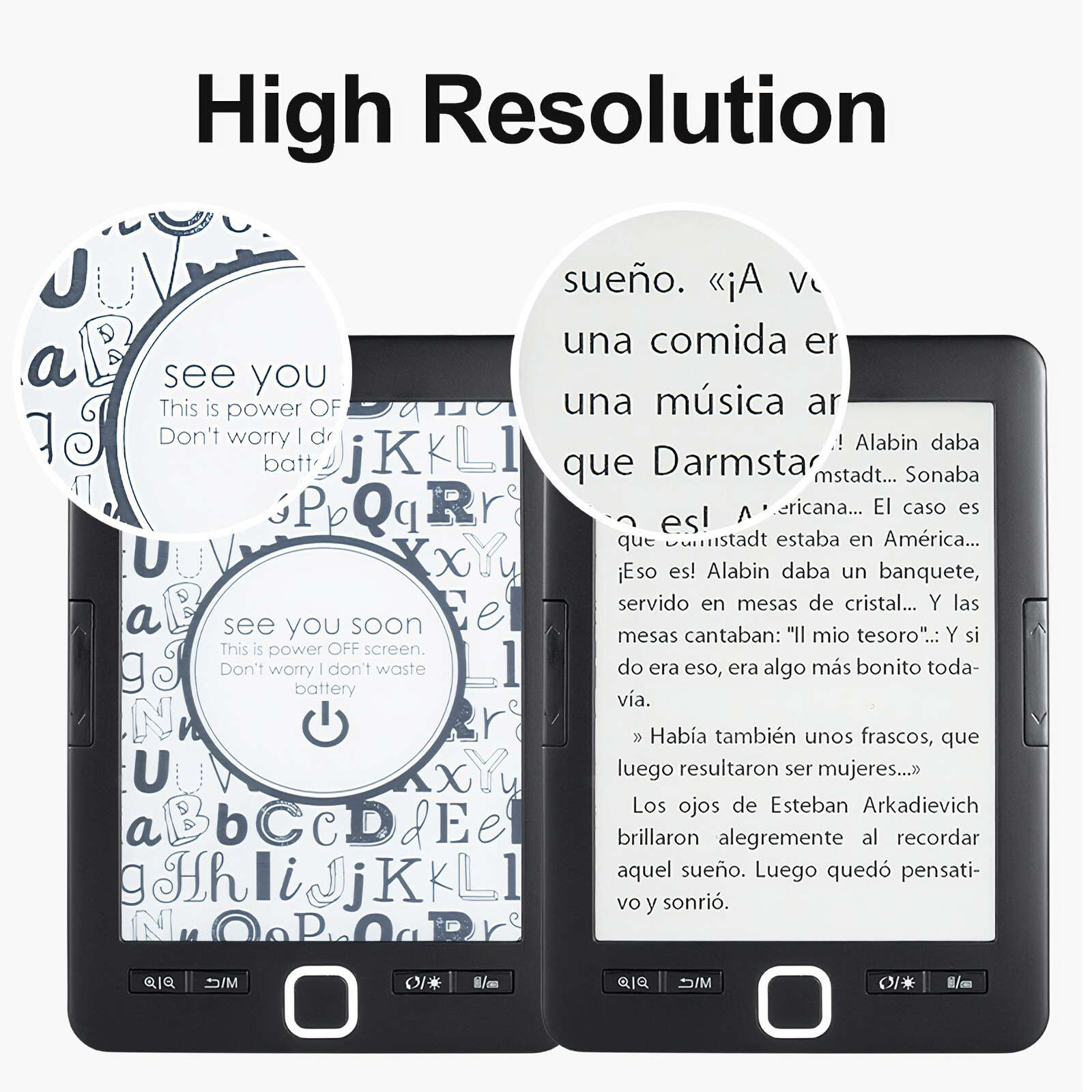 Zwei E-Reader, die Text anzeigen, einer mit einer Ausschaltmeldung. Hintergrund mit Buchstaben und 'High Resolution'.