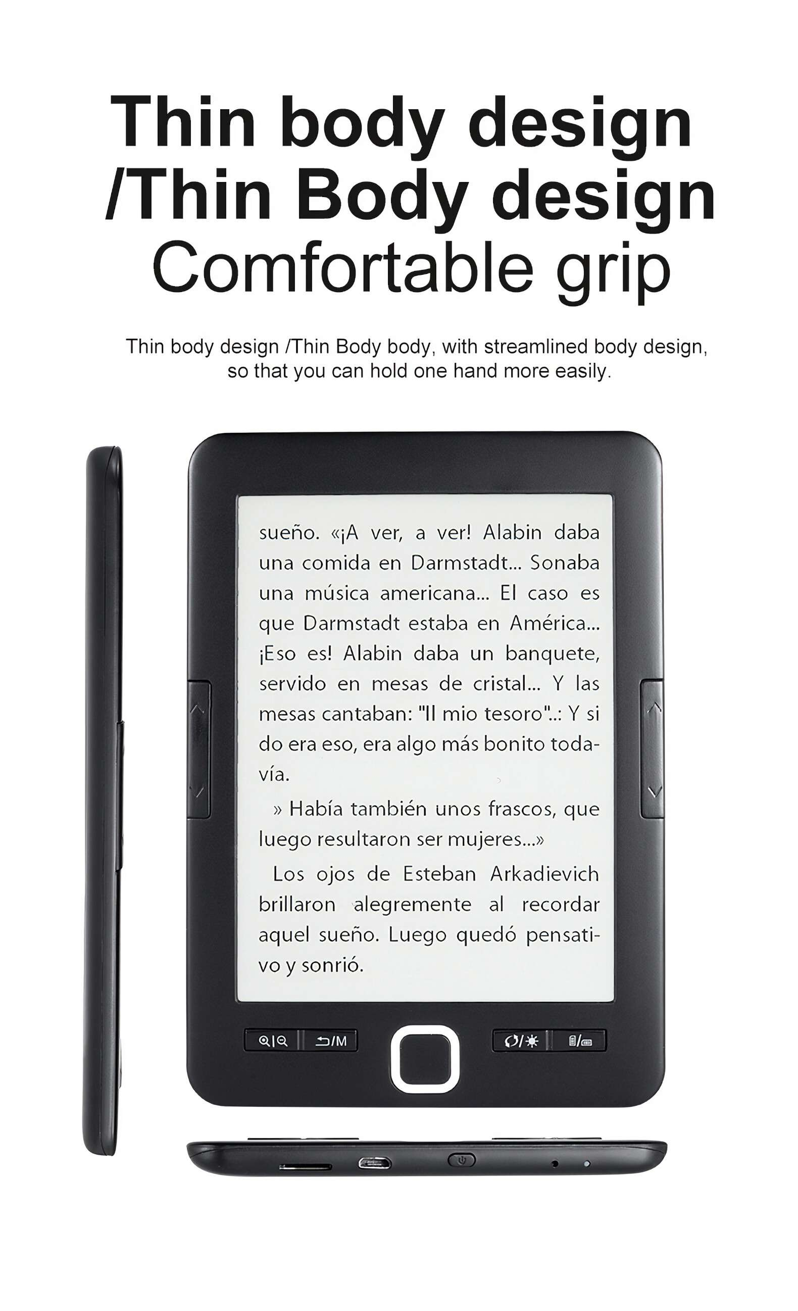 E-Reader mit Text, Titel 'Thin body design'. Schwarzes Gerät auf weißem Hintergrund.