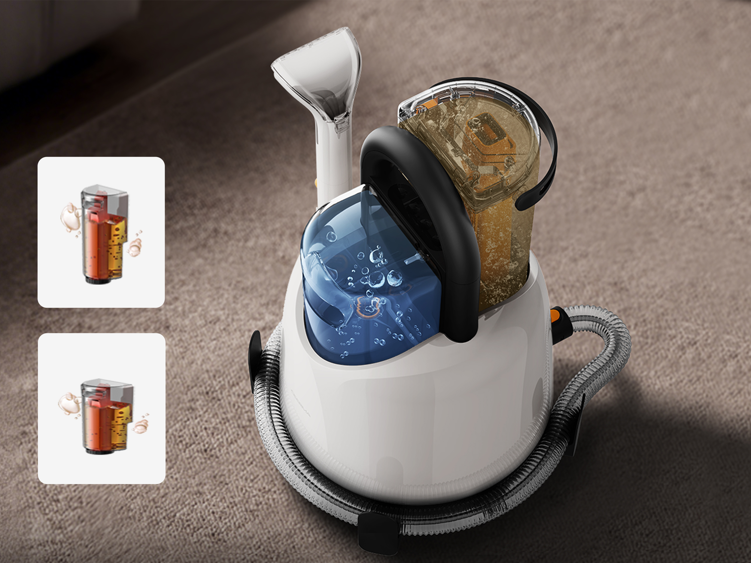 Biała maszyna do czyszczenia dywanów z przezroczystymi zbiornikami, bąbelkami i czarnym uchwytem stoi na brązowym dywanie. Dwie małe ilustracje po lewej.