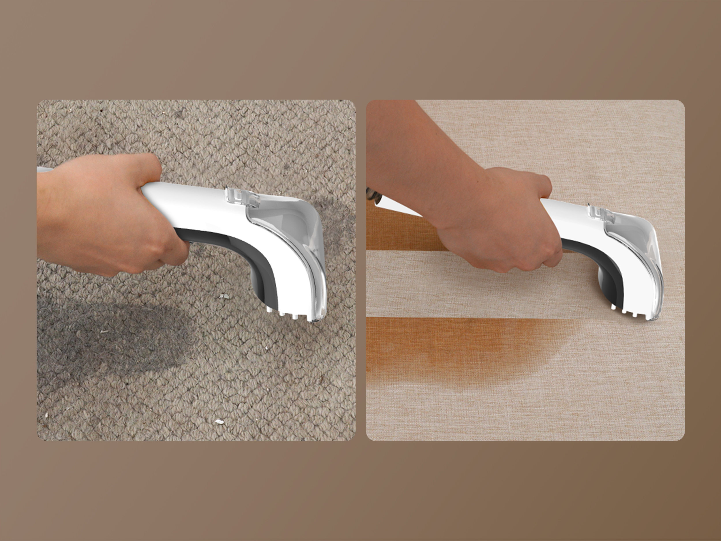 Ręka używająca białej golarki do tkanin na dywanie i tkaninie w paski. Golarz usuwa kłaczki i zanieczyszczenia.