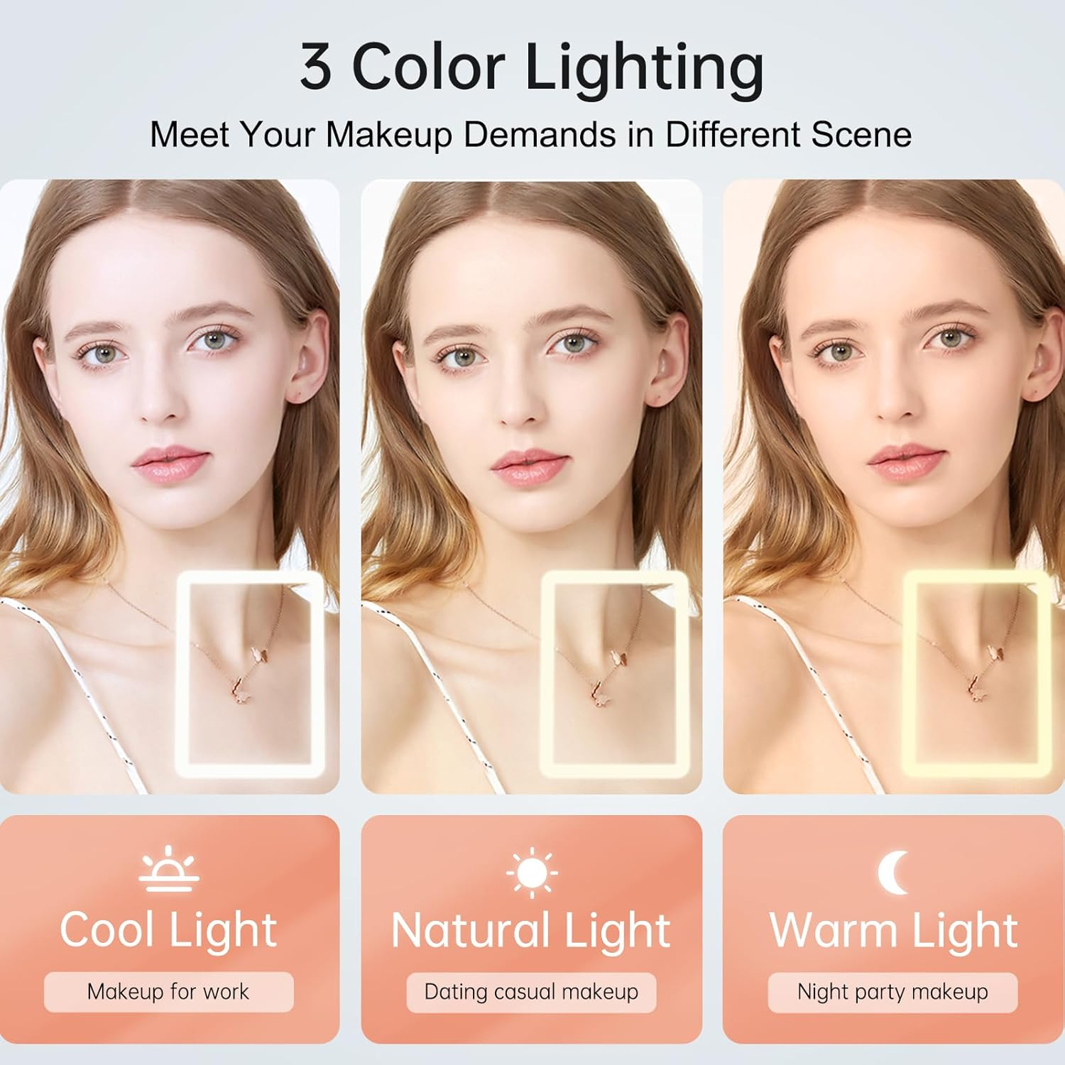 Das Bild zeigt drei Frauen mit unterschiedlichen Lichteffekten: kühl, natürlich und warm. Jede hat ein leuchtendes Quadrat um ihr Gesicht. Text unten beschreibt die Anwendungen.