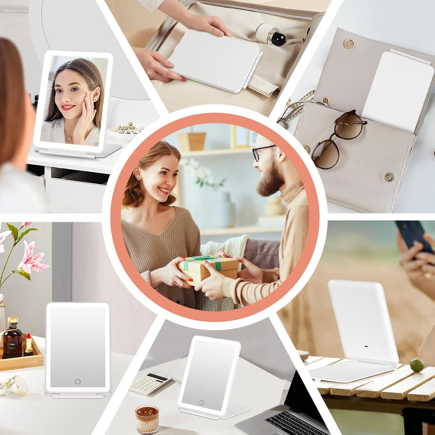 Collage von Produktaufnahmen: eine Frau benutzt einen Schminkspiegel, ein Spiegel in einer Tasche, und zwei Personen tauschen ein Geschenk aus.