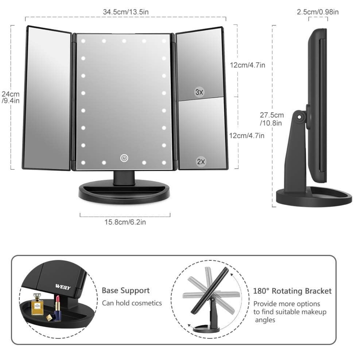 Ein dreifacher Schminkspiegel mit LED-Leuchten, Abmessungen und einer Basisstütze. Enthält eine drehbare Halterung und kann Kosmetika aufnehmen.