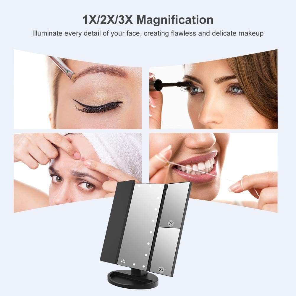 Ein Kosmetikspiegel mit 1X/2X/3X Vergrößerung wird angezeigt. Er zeigt Bilder von Make-up, Hautpflege und Mundhygiene.