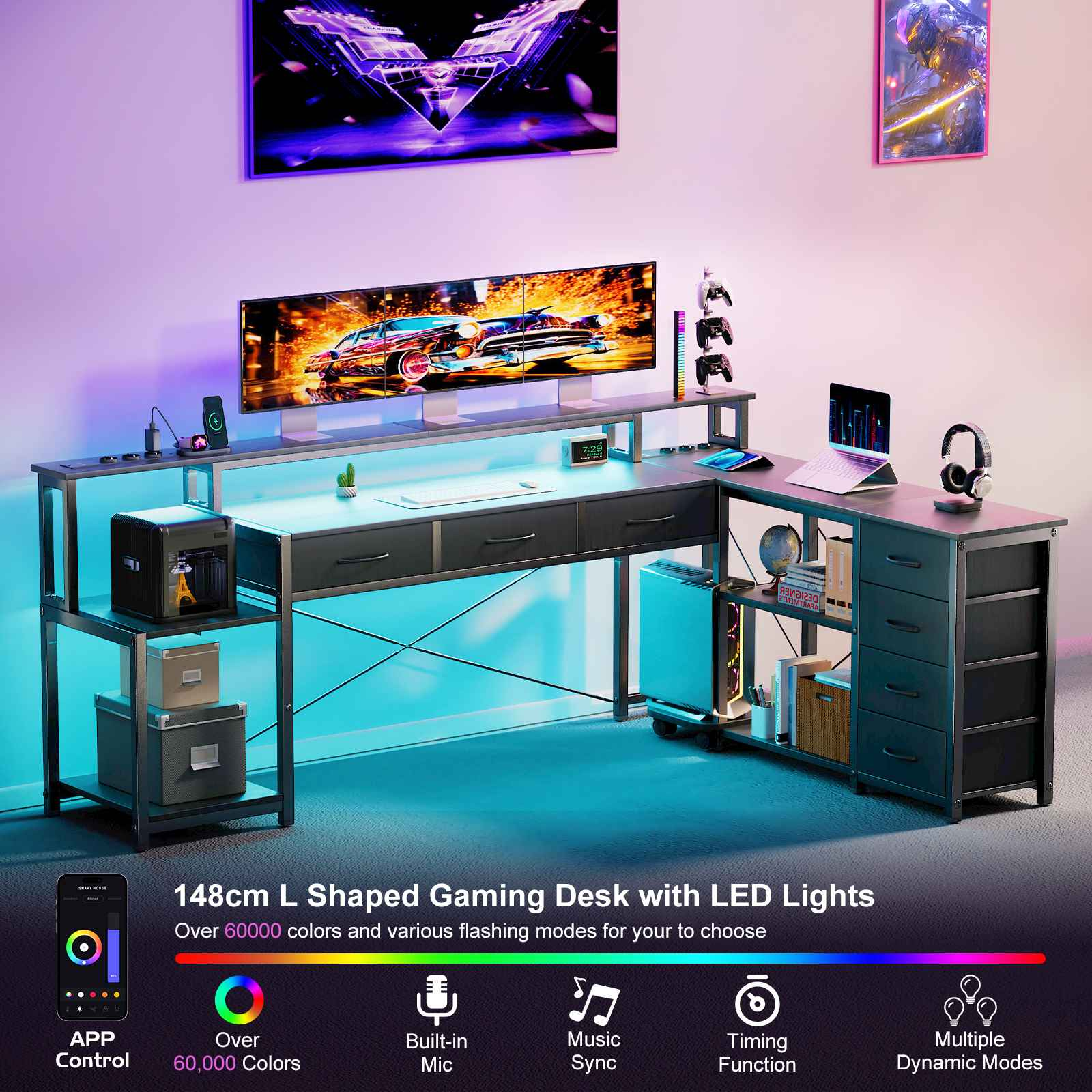 L-förmiger Gaming-Schreibtisch mit LED-Leuchten, Monitor, Zubehör und Handy. Der Schreibtisch hat Schubladen und Regale.