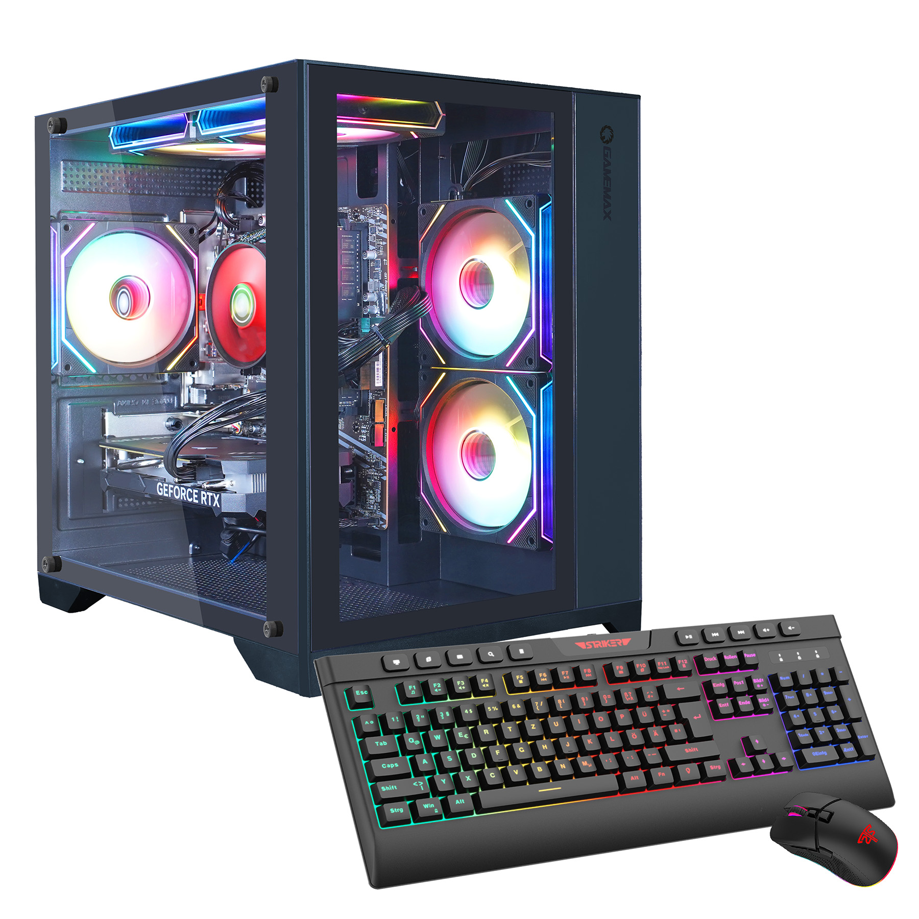 Ein Gaming-PC mit RGB-Lüftern, Tastatur und Maus. Der PC befindet sich in einem Glaskasten. Tastatur und Maus sind ebenfalls RGB.