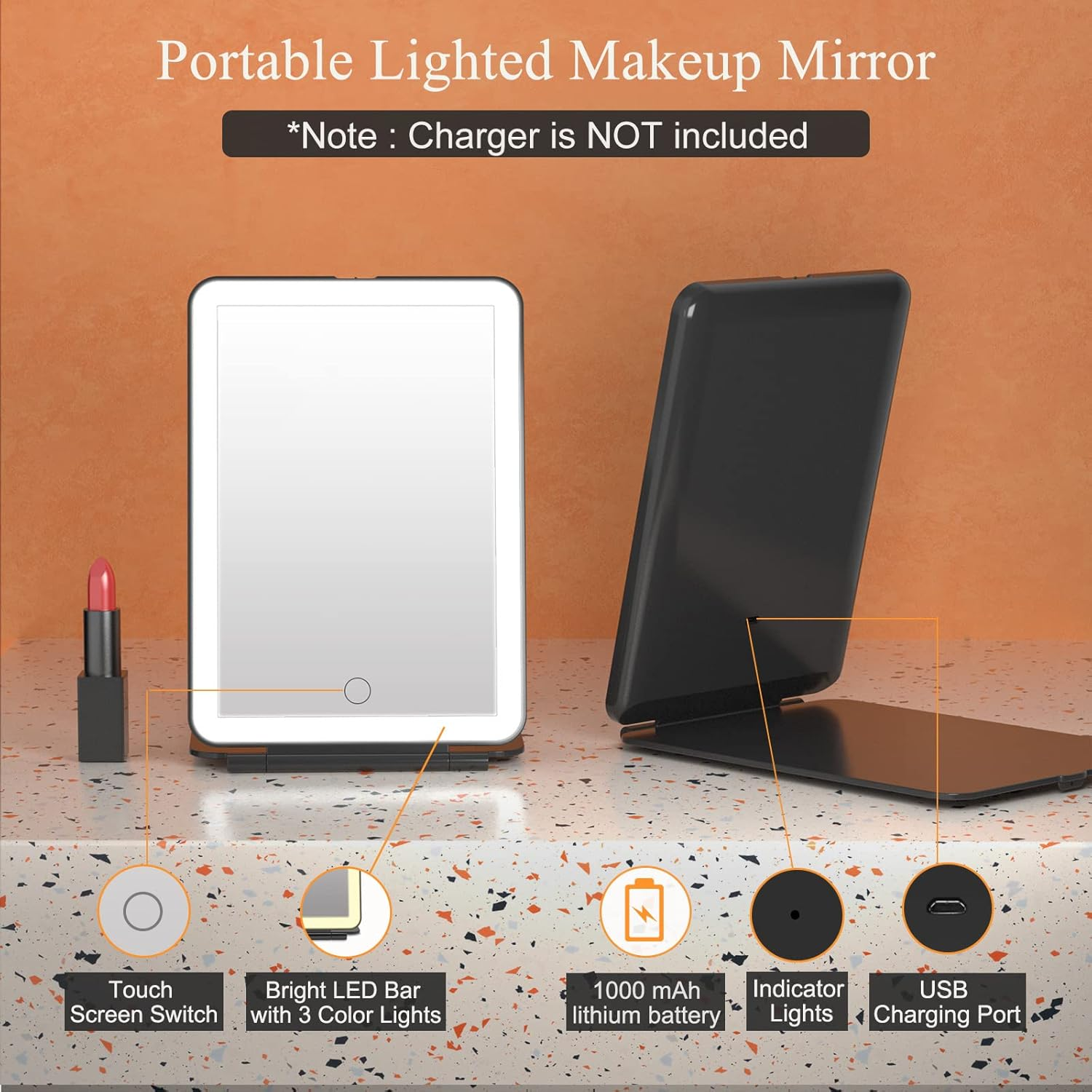 Ein tragbarer beleuchteter Schminkspiegel mit Lippenstift, Touchscreen-Schalter, LED-Licht, Batterie, Kontrollleuchten und USB-Anschluss.
