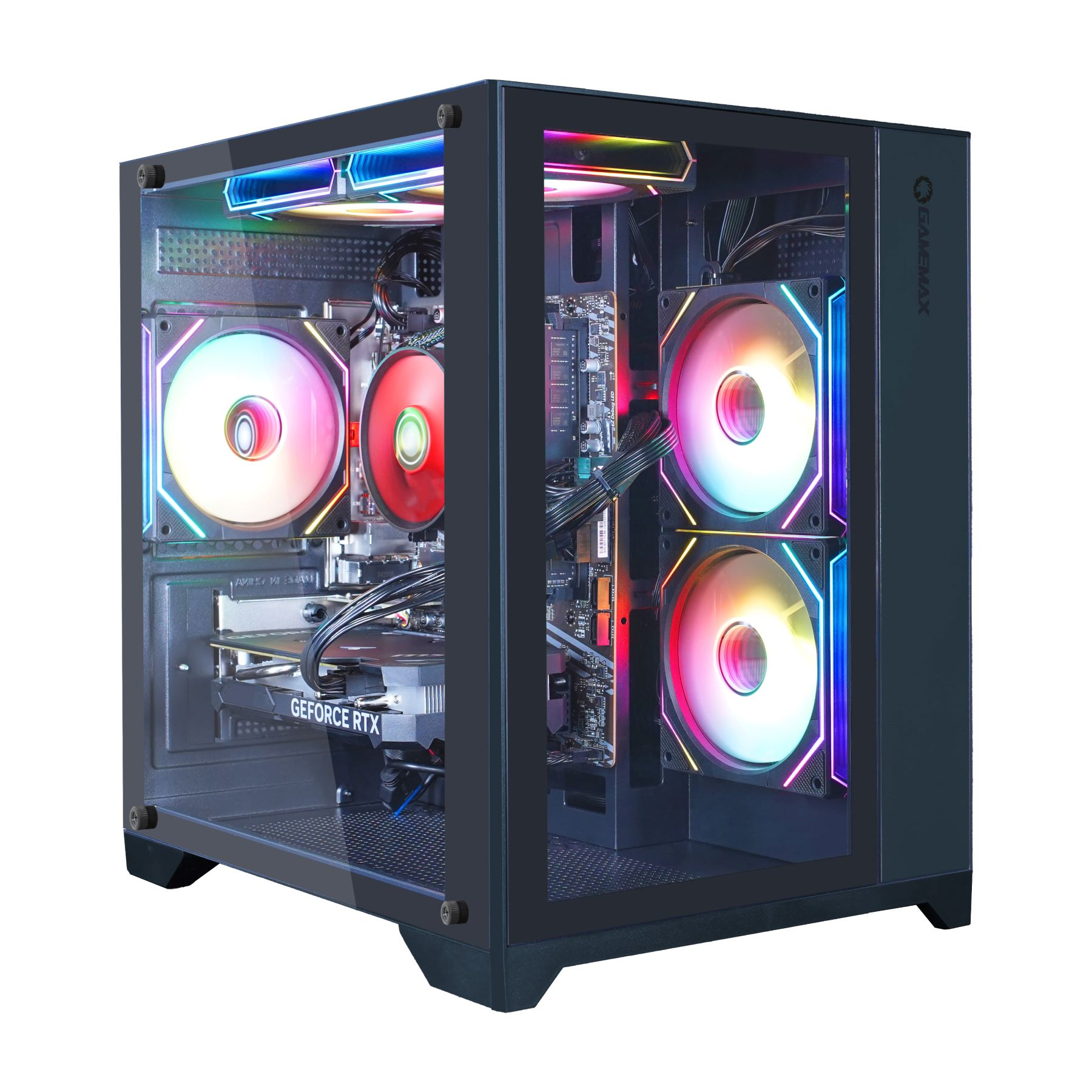 Ein Computergehäuse mit Glasplatten. Sichtbar sind Lüfter mit bunten Lichtern, eine Grafikkarte und andere interne Komponenten.