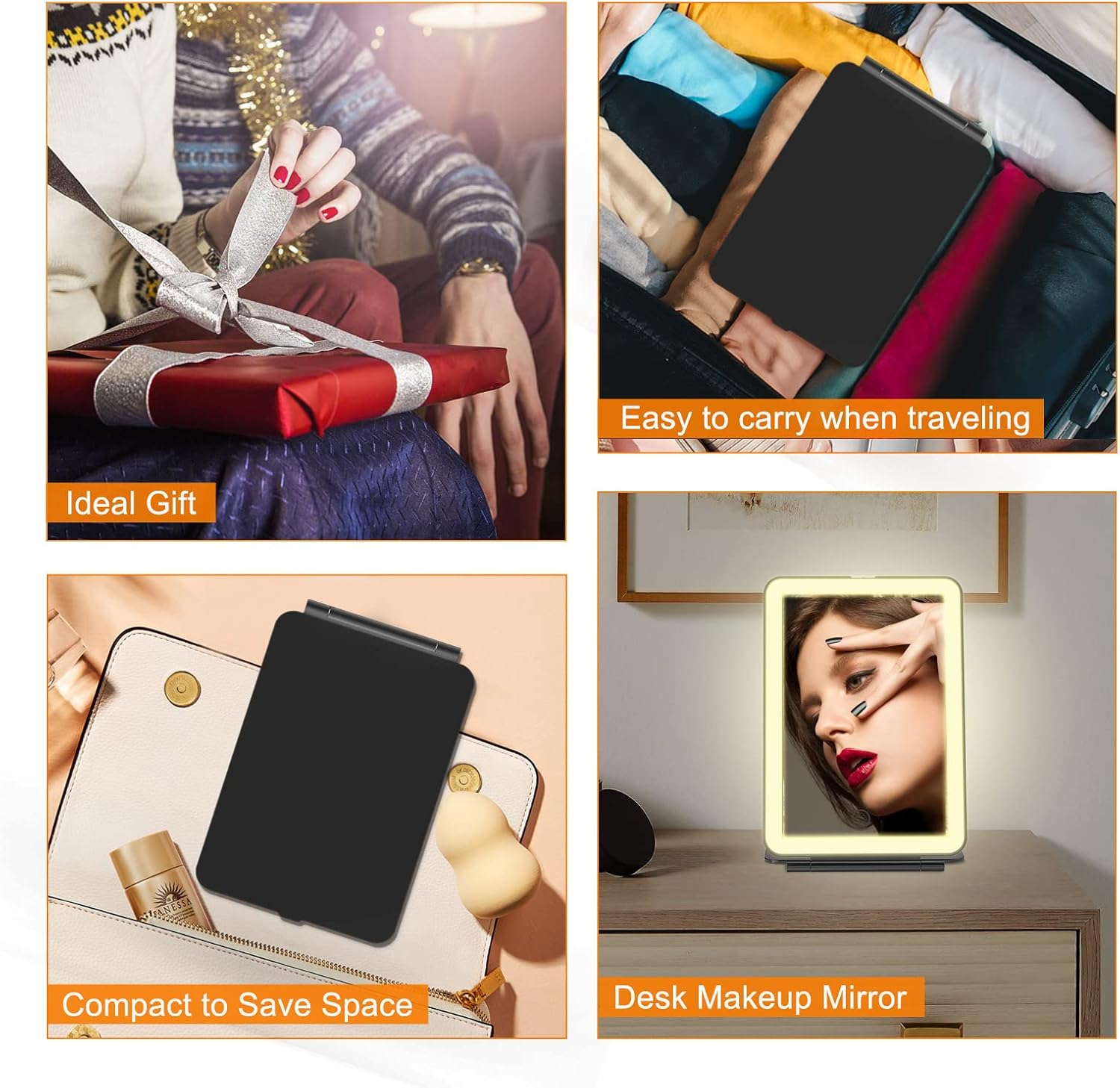 Das Bild zeigt ein Geschenk beim Einpacken, einen Kompaktspiegel in einem Koffer, einen Spiegel in einer Handtasche und einen beleuchteten Schminkspiegel auf einem Schreibtisch.