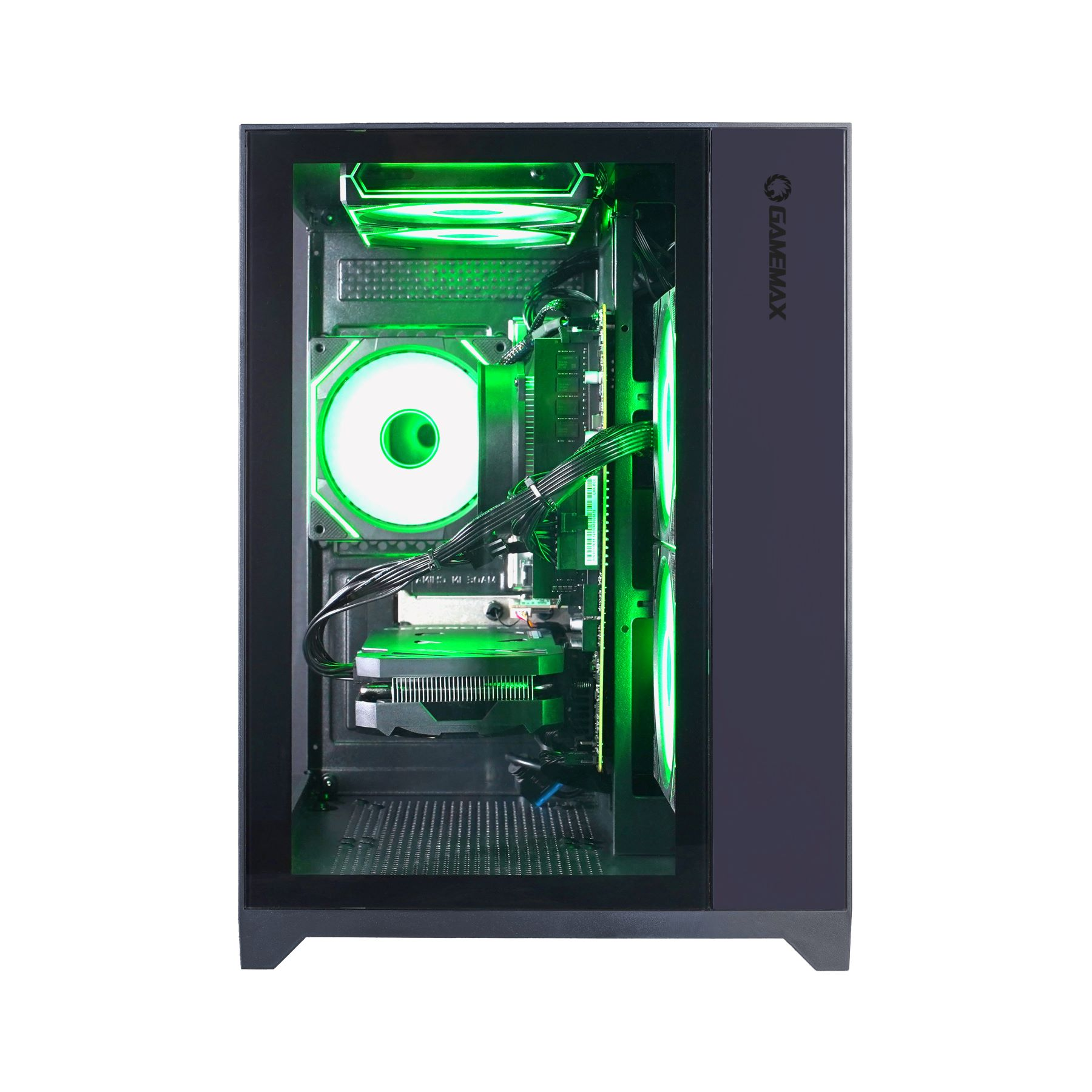 Computergehäuse mit grünen Lichtern. Enthält Lüfter, eine Grafikkarte und andere Komponenten durch die Glas-Seitenwand.