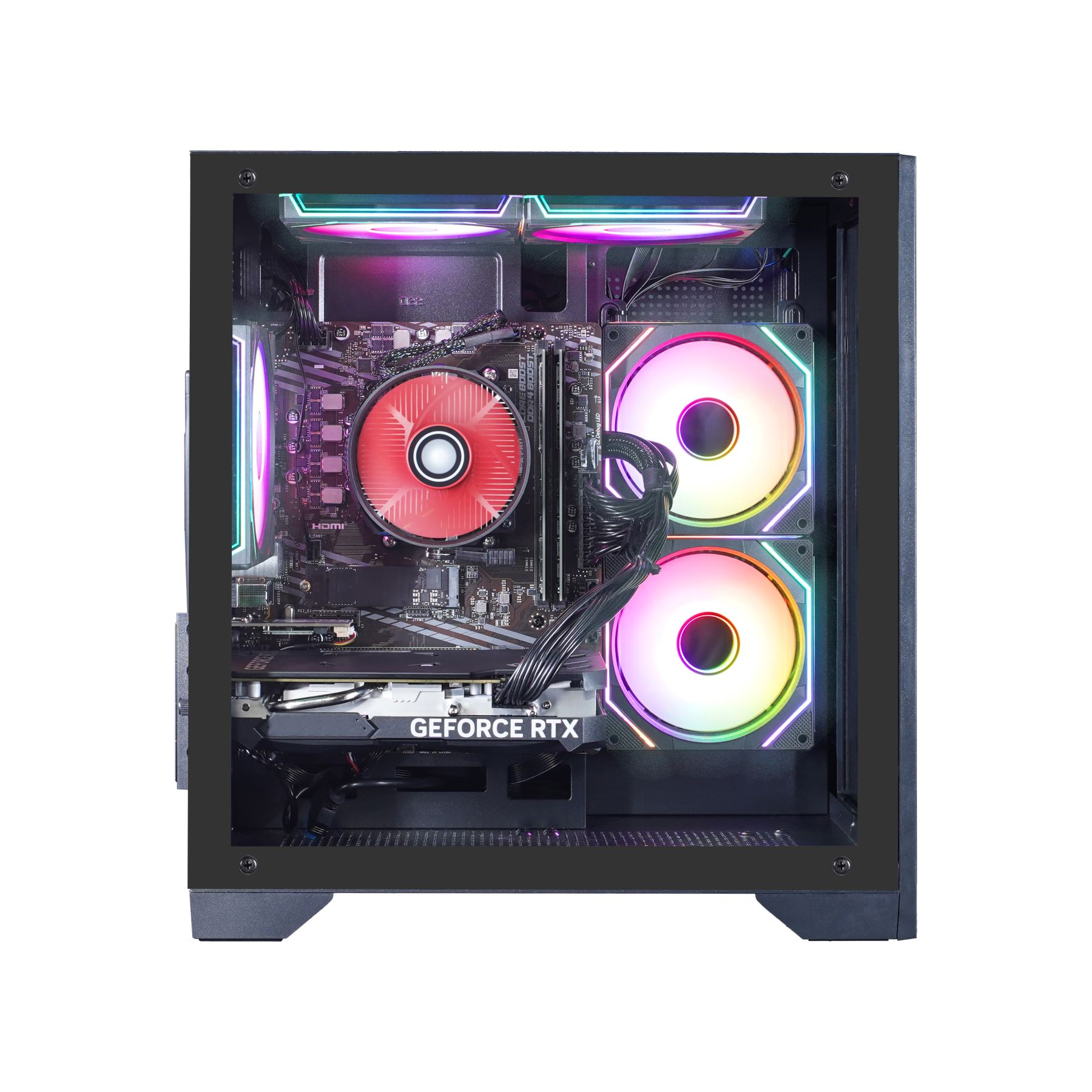 Ein PC-Gehäuse mit sichtbaren Komponenten: ein roter CPU-Kühler, eine Grafikkarte und mehrere Lüfter mit bunten LED-Leuchten.