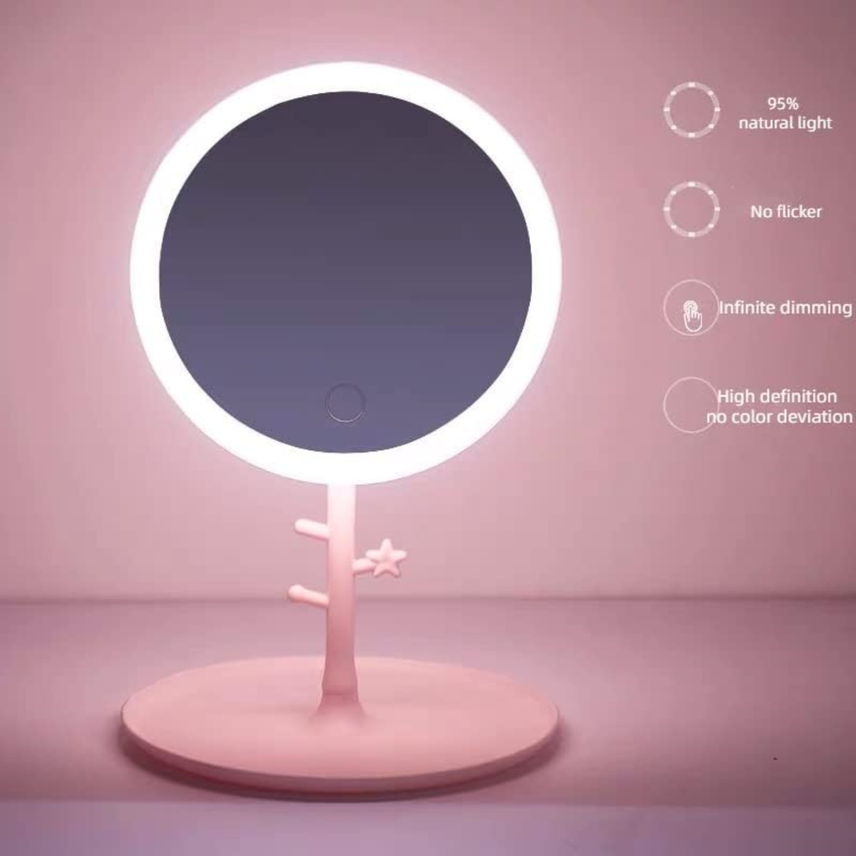 Ein rosa beleuchteter Schminkspiegel mit rundem Spiegel und weißem Lichtrahmen auf rosa Oberfläche.