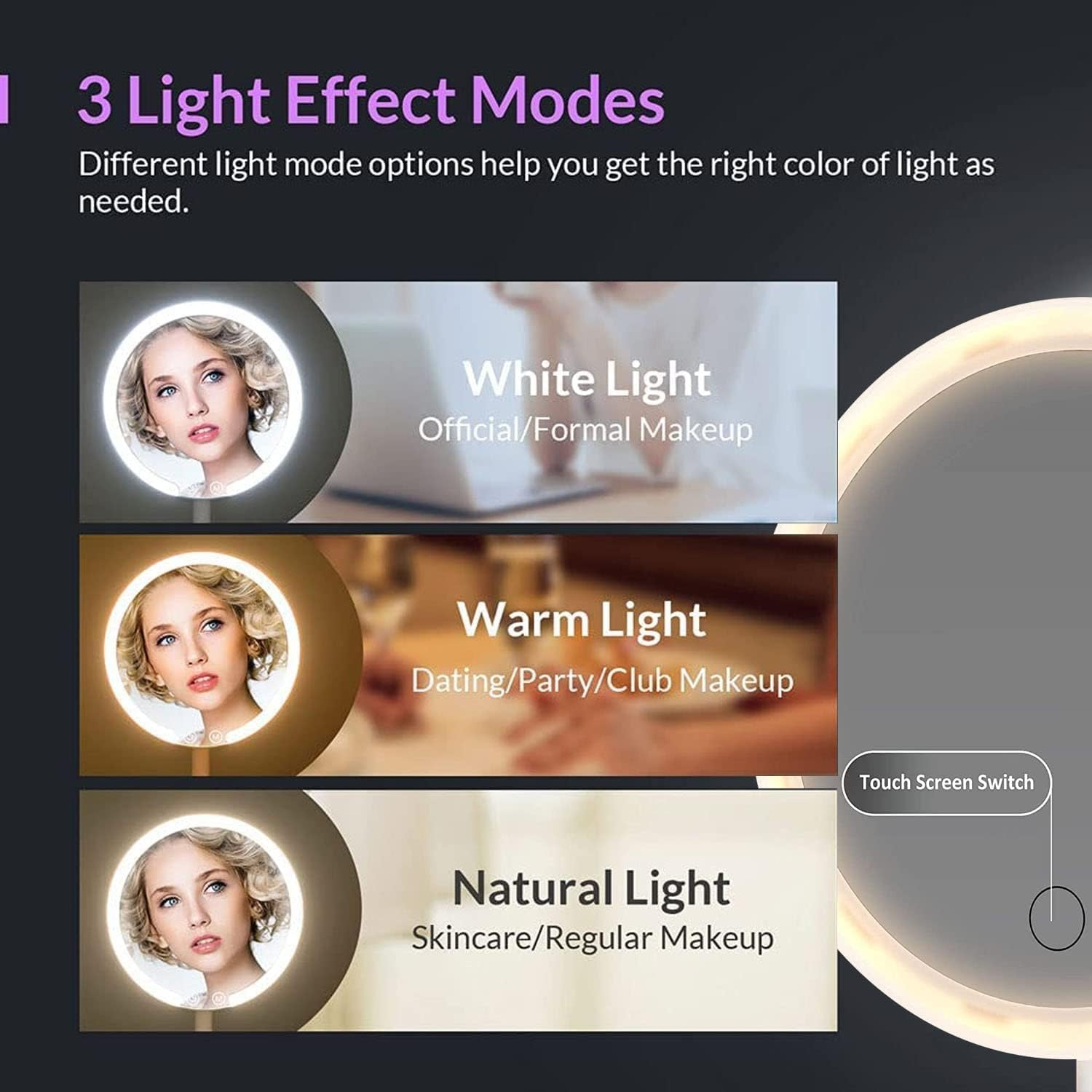Das Bild zeigt 3 Lichtmodi: weiß, warm und natürlich. Jeder Modus zeigt eine Frau in einem Ringlicht mit zugehörigen Make-up-Typen.