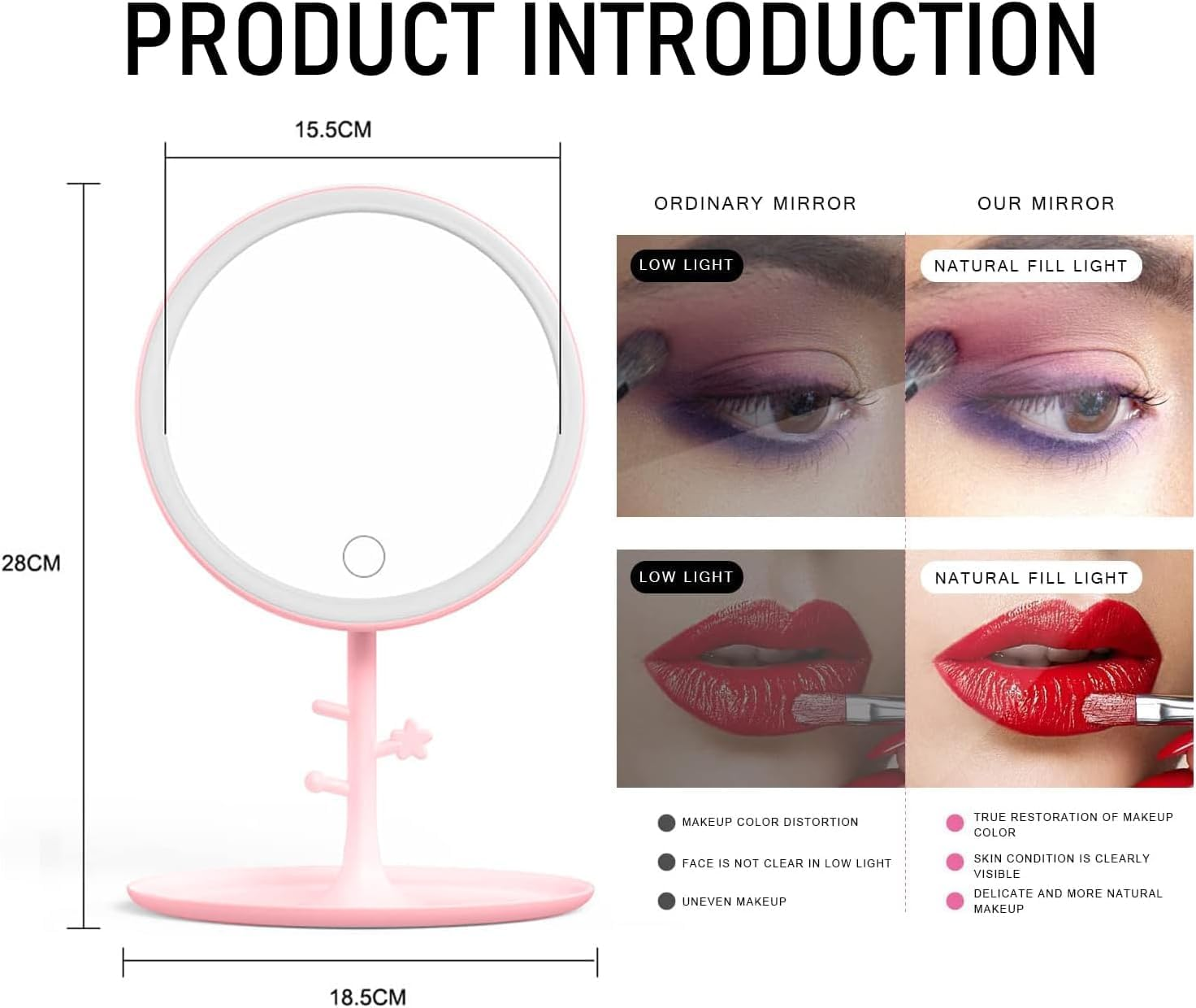 Ein pinkfarbener Schminkspiegel mit Maßen. Vergleich von Make-up-Anwendung bei schwachem Licht vs. natürlichem Fülllicht, zeigt Farbe und Hautklarheit.