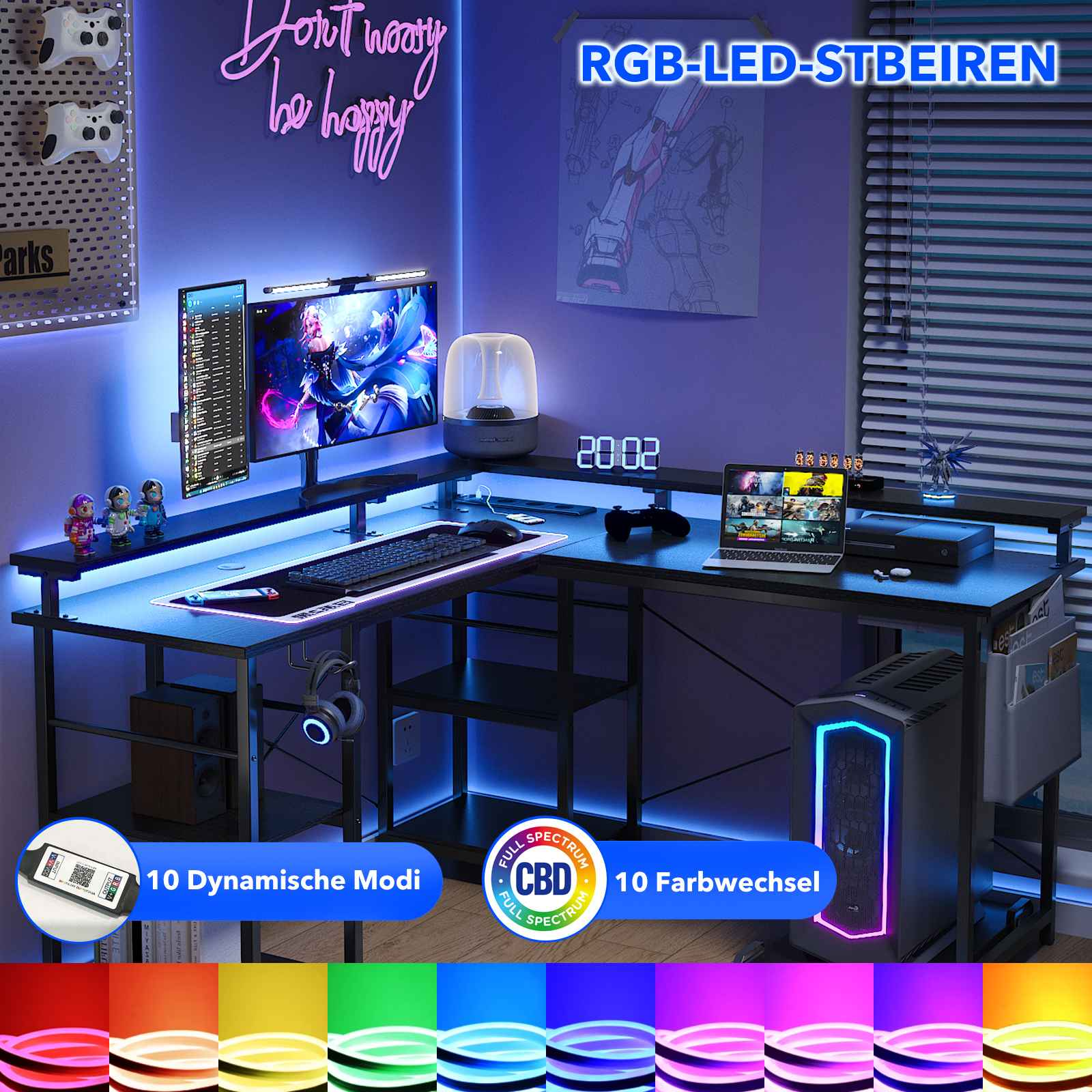 Gaming-Setup mit Schreibtisch, zwei Monitoren, RGB-Beleuchtung und PC-Tower. Enthält Tastatur, Maus und Zubehör. "Don't worry be happy".