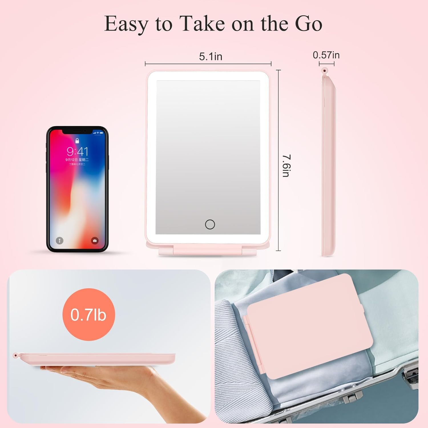Ein rosa Spiegel, ein Telefon mit 9:41 Uhr und ein rosa Tablet. Abmessungen sind angegeben. Der Hintergrund ist hellrosa mit dem Text 'Easy to Take on the Go'.
