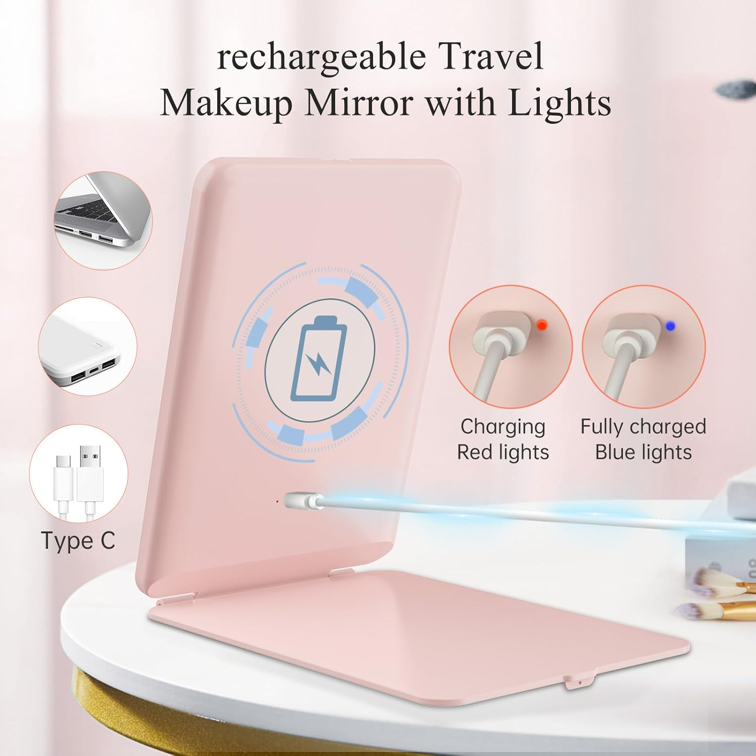 Ein pinkfarbener Schminkspiegel mit Lichtern, einer Ladeanzeige und einem Typ-C-Anschluss. Text: wiederaufladbarer Reise-Make-up-Spiegel mit Lichtern.