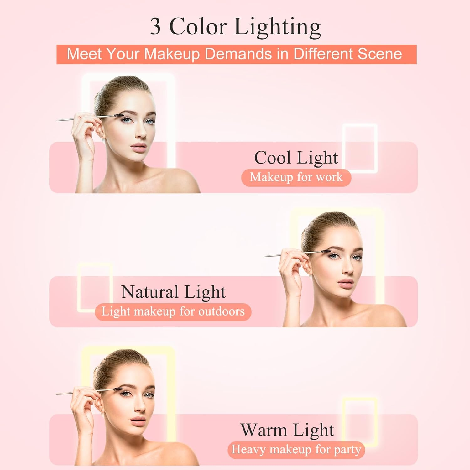 Drei Frauen mit Make-up-Pinseln werden unter verschiedenen Lichtverhältnissen gezeigt: kühl, natürlich und warm, jeweils für bestimmte Make-up-Looks.
