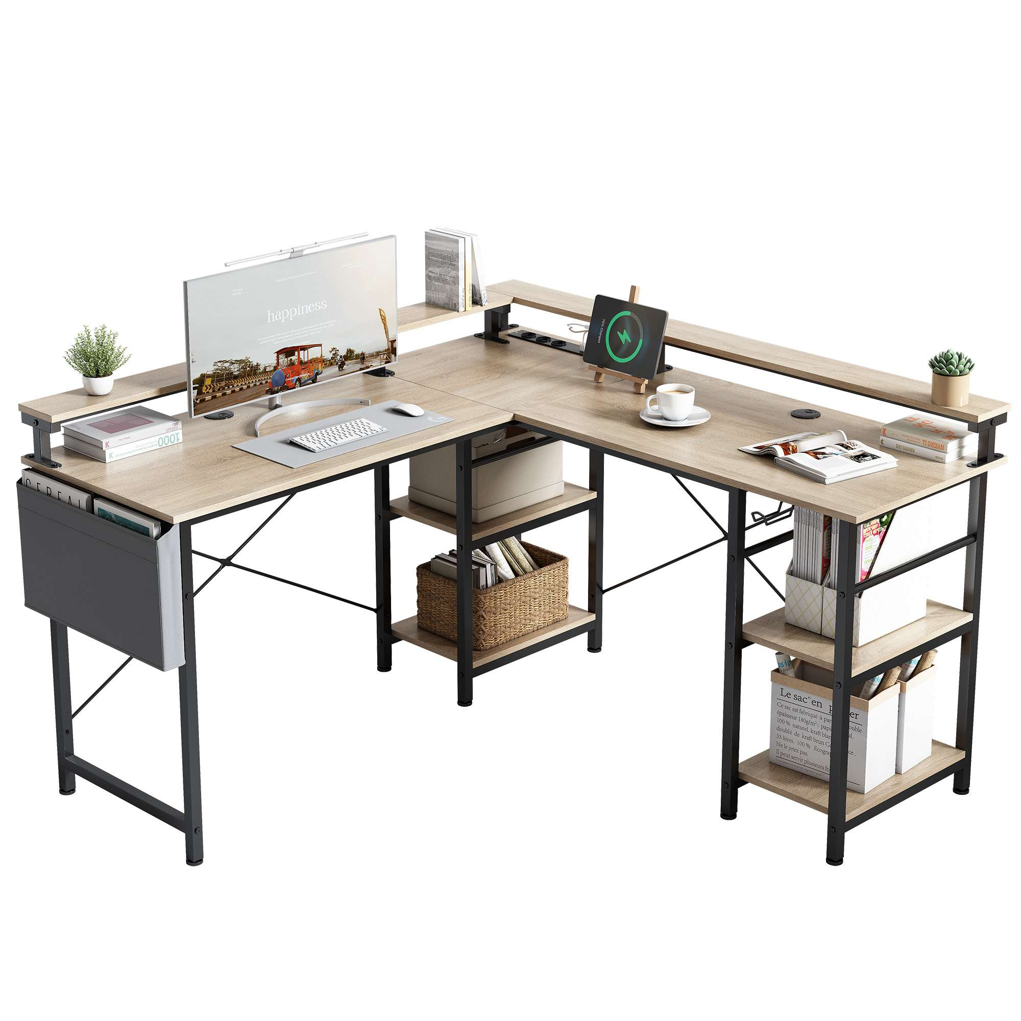L-förmiger Holzschreibtisch mit Computer, Büchern, Pflanzen und Zubehör. Es ist ein moderner und funktionaler Arbeitsplatz.