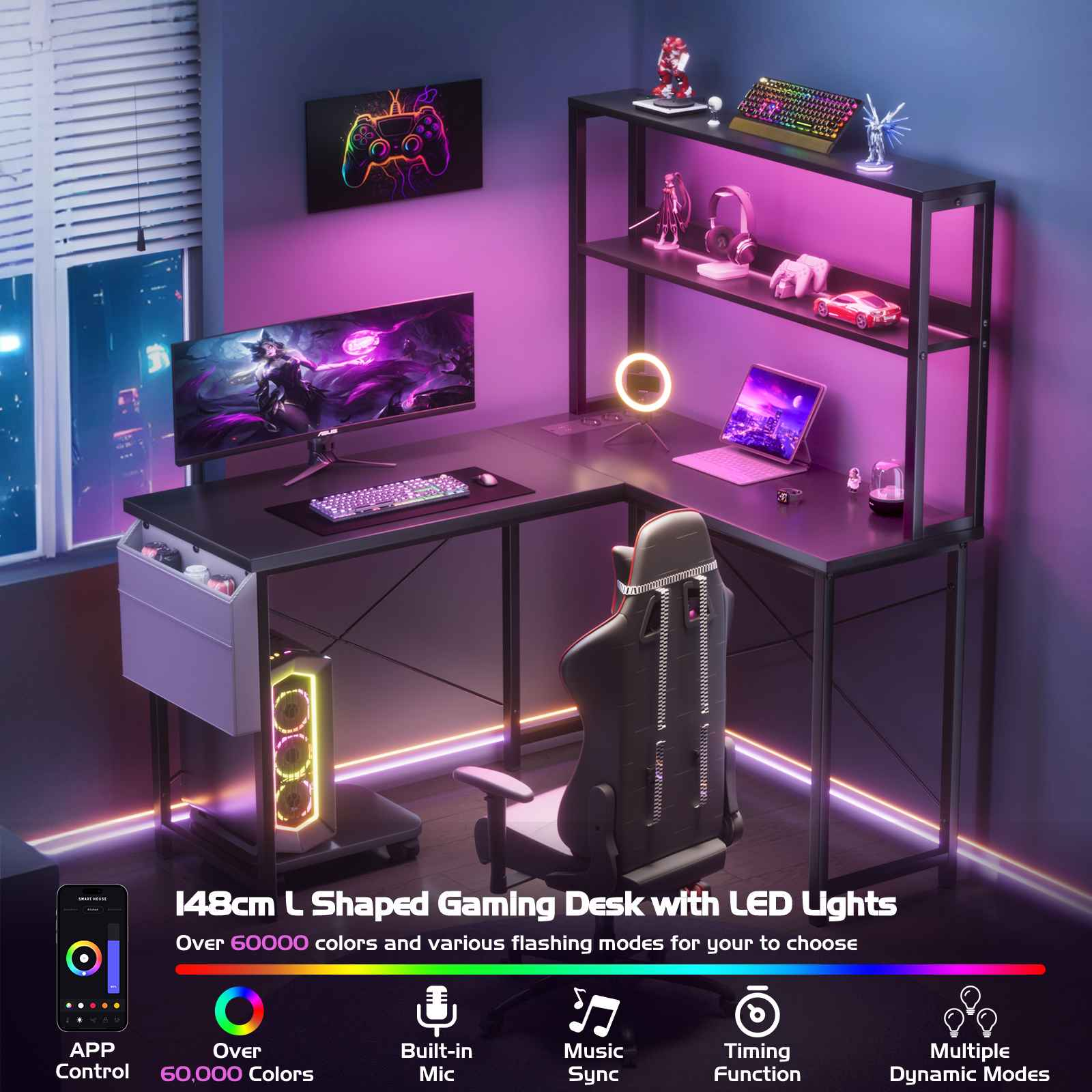 L-förmiger Gaming-Schreibtisch mit LED-Leuchten, Computer, Zubehör und Gaming-Stuhl. Lila und blaue Beleuchtung.