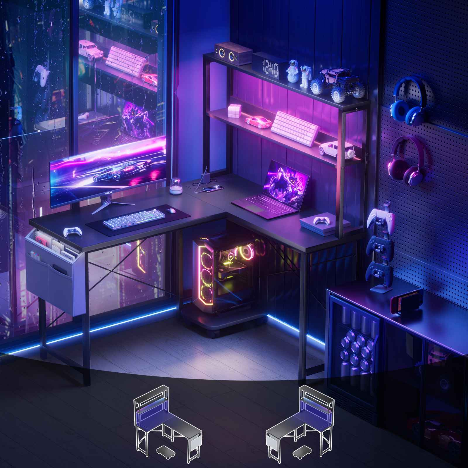 Gaming-Setup mit Schreibtisch, PC, Monitor, Tastatur und Zubehör. Neonlichter und Stadtblick sind sichtbar.