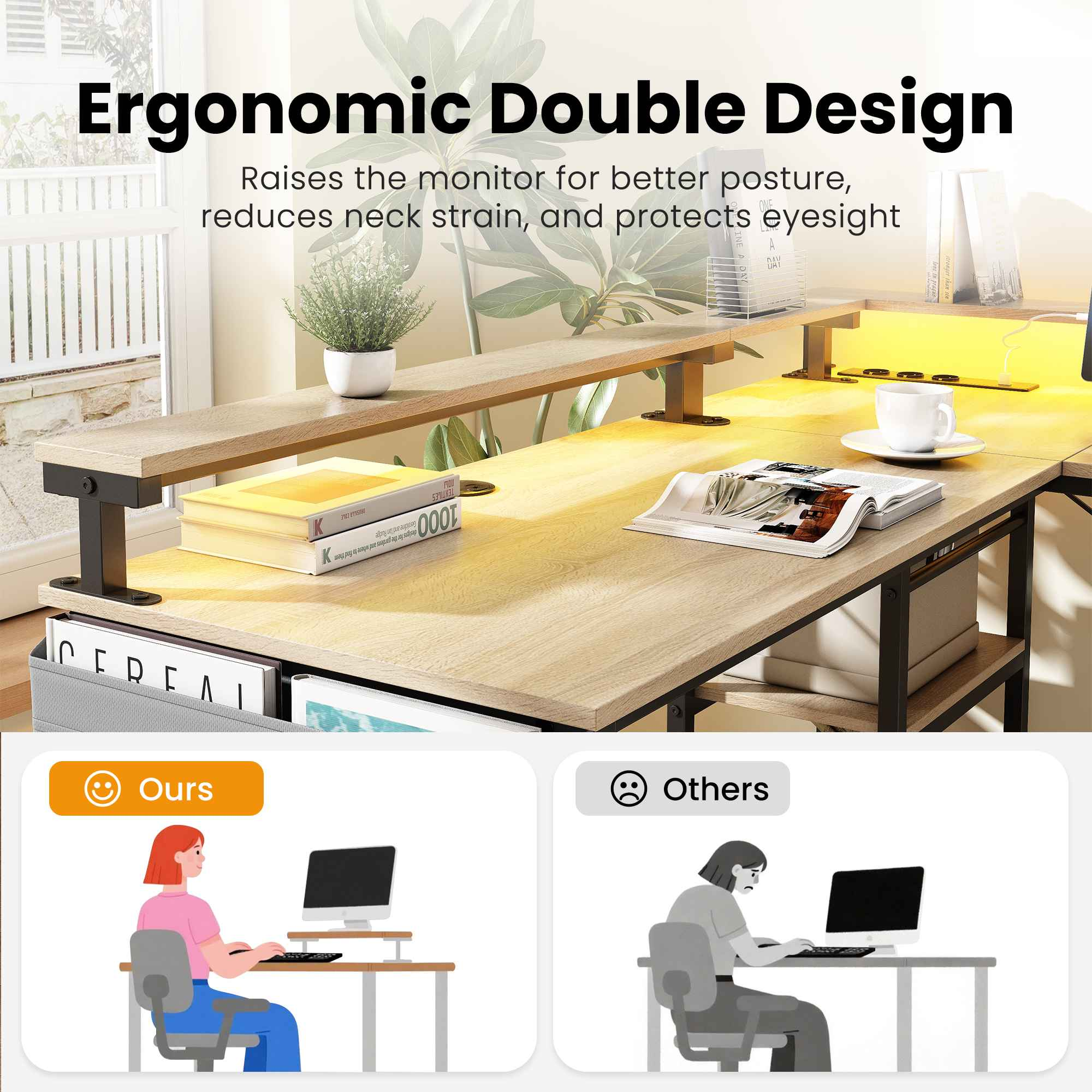 Ergonomischer Schreibtisch mit Monitor. Pflanze, Bücher, Tasse und Zeitschrift auf dem Schreibtisch. Vergleich mit schlechter Körperhaltung.