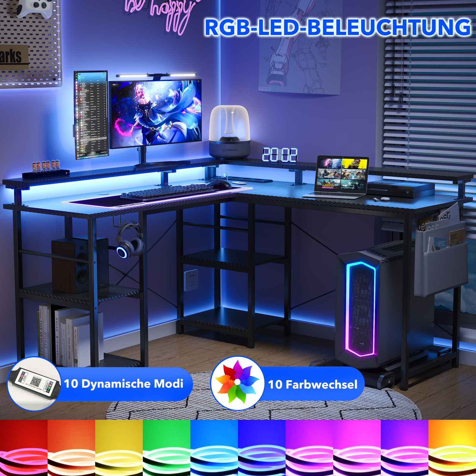 Ein Gaming-Schreibtisch mit RGB-Beleuchtung, Monitoren und einem Computer. Der Schreibtisch hat Regale, eine Lampe und einen Laptop.