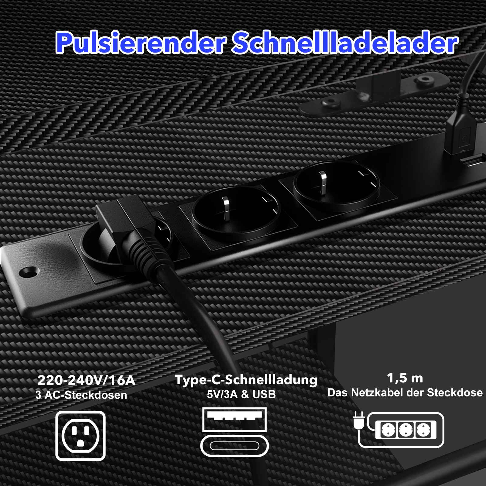Ein schwarzer Netzstecker mit drei AC-Steckdosen und einem Typ-C-Anschluss. Text zeigt 220-240V/16A und 1,5 m Kabellänge an.