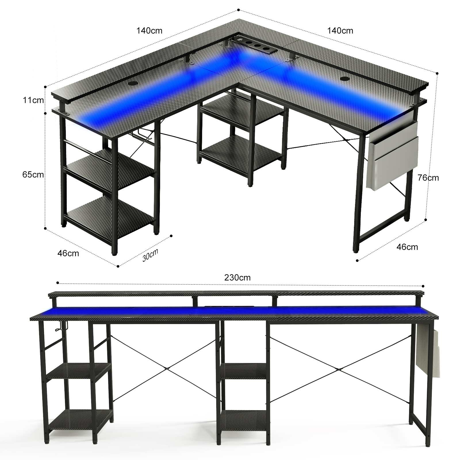 L-förmiger schwarz-grauer Schreibtisch mit LED-Beleuchtung. Er hat Regale und beschriftete Abmessungen. Der Schreibtisch hat eine Karbonfaserstruktur.