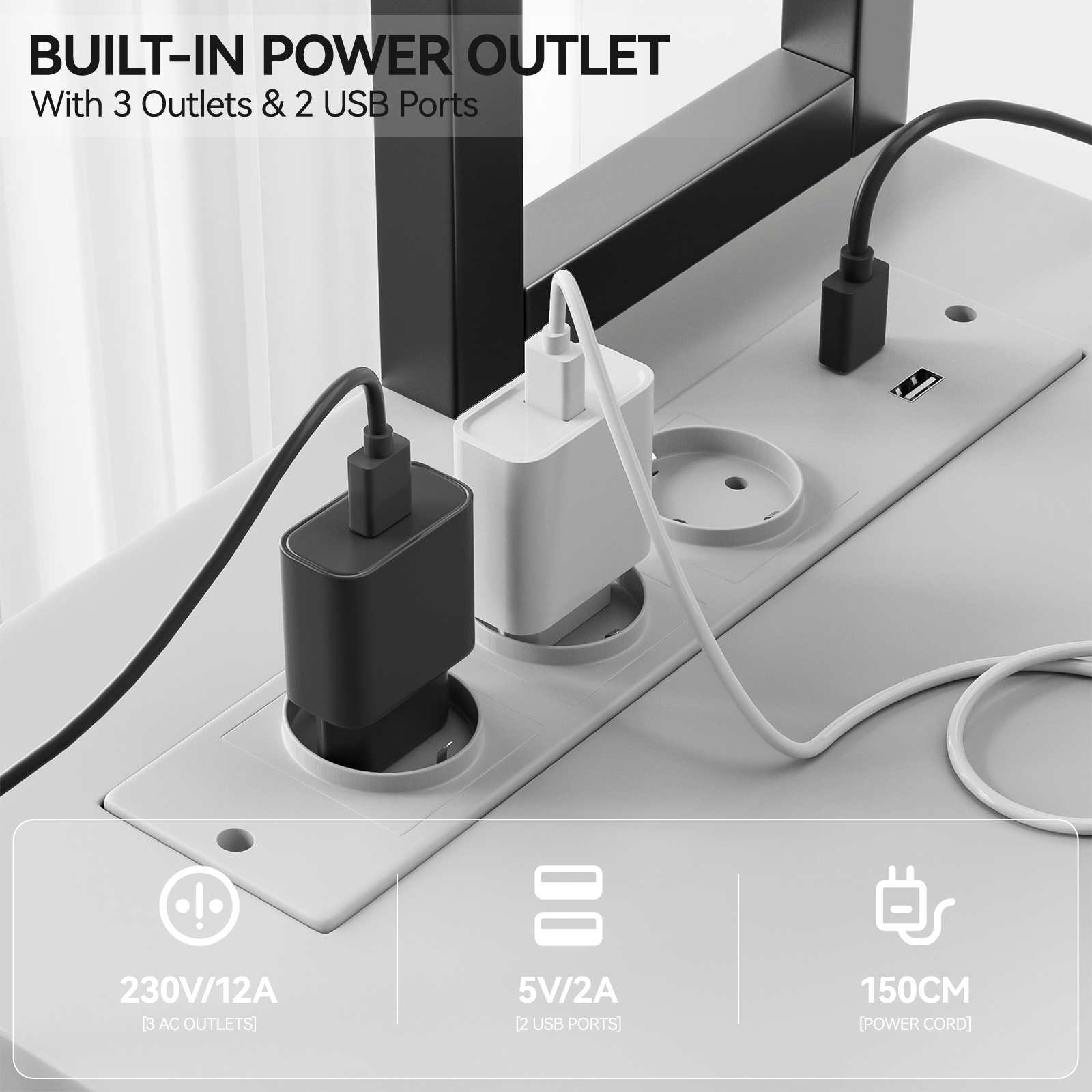 Eingebaute Steckdose mit 3 Steckdosen und 2 USB-Anschlüssen. Enthält schwarze und weiße Ladegeräte, Kabel und Spezifikationssymbole.
