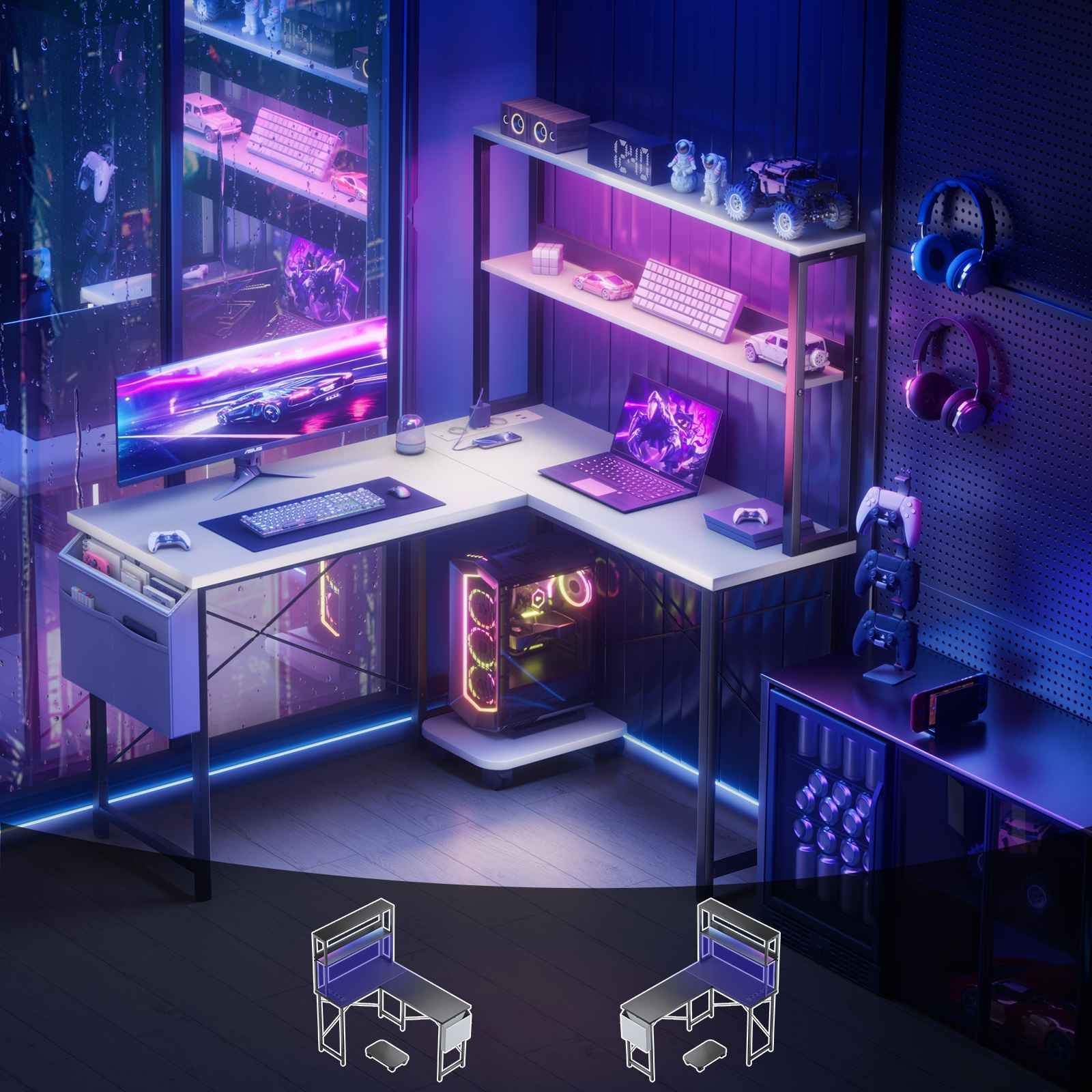Gaming-Setup mit PC, Monitor und Zubehör. Der Raum hat ein neonblaues und violettes Farbschema. Es gibt zwei Schreibtische.