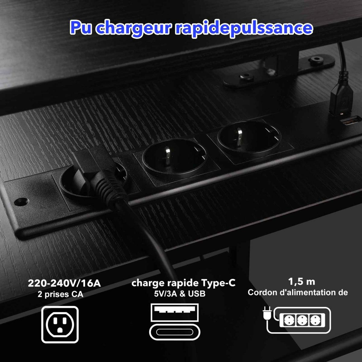 Schwarze Steckdosenleiste mit Steckdosen und Ladeanschlüssen. Text: 220-240V/16A, Schnellladung Typ-C, 1,5 m Kabel.