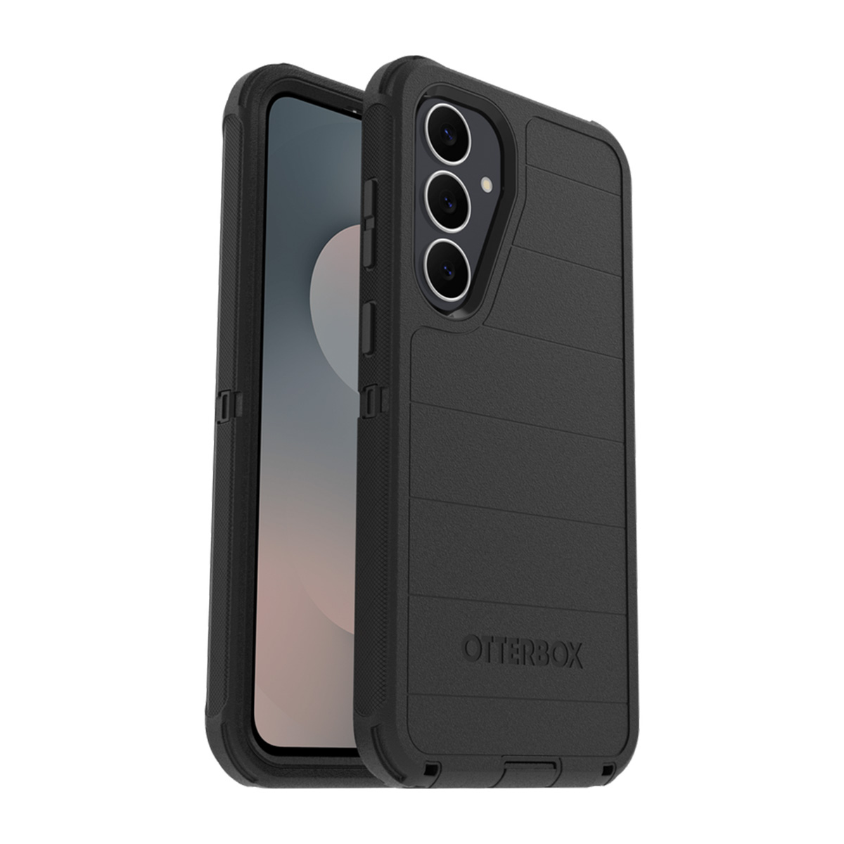 Coque de téléphone Otterbox noire avec téléphone. La coque a trois découpes pour caméra et le logo Otterbox. L'écran est visible.