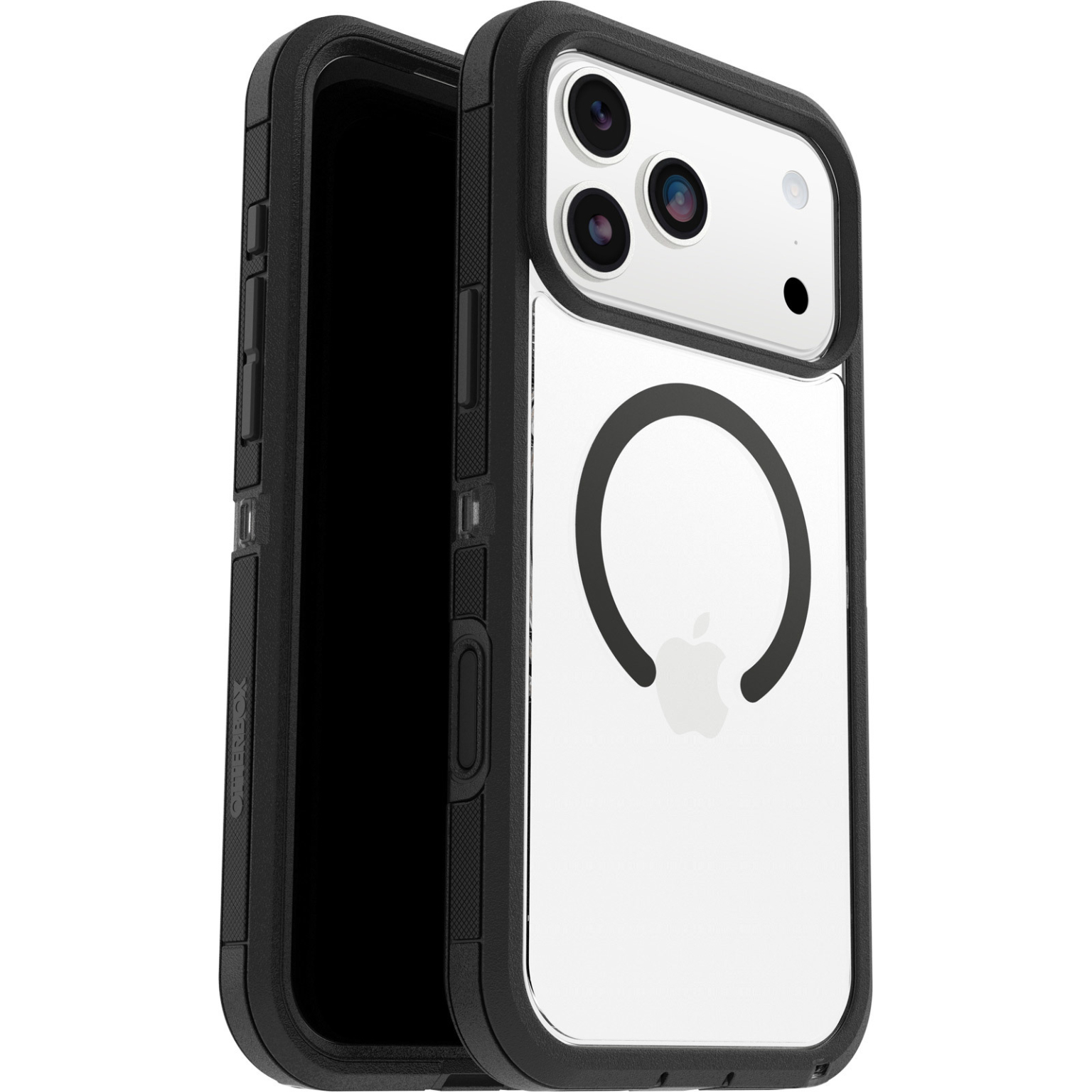 Transparante iPhone-case met zwarte randen. Zichtbare cameralenzen en Apple-logo. De case is open, scherm zichtbaar.