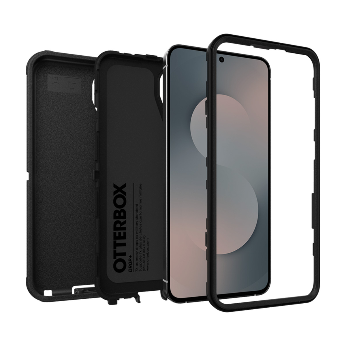 Un étui de téléphone démonté, montrant les couches. Un téléphone est au centre. L'étui est noir, avec 'OTTERBOX' imprimé.