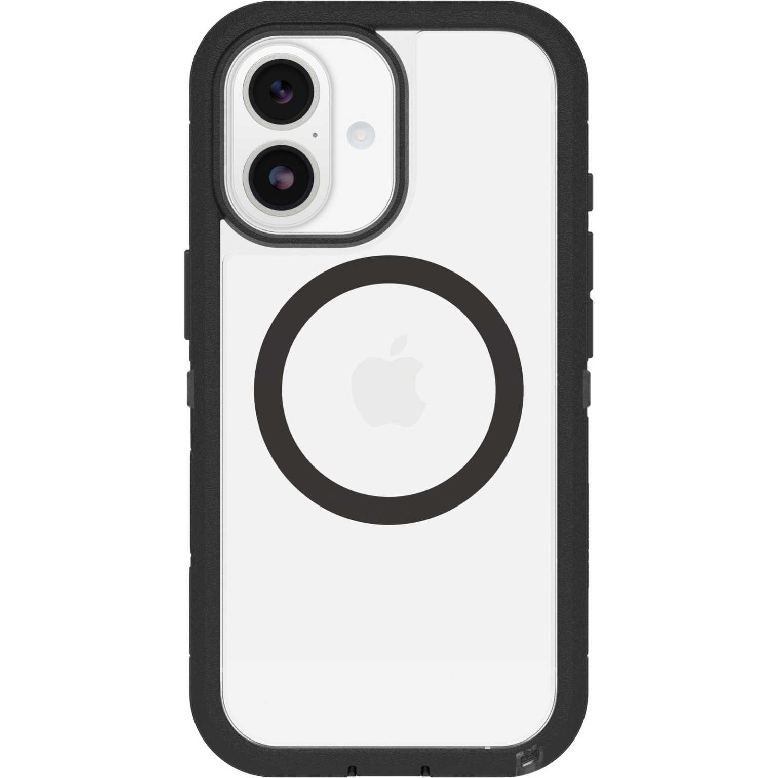 Eine transparente iPhone-Hülle mit schwarzem Rahmen. Sie hat einen schwarzen Ring und ein weißes Apple-Logo. Die Hülle zeigt die Kamera des Telefons.