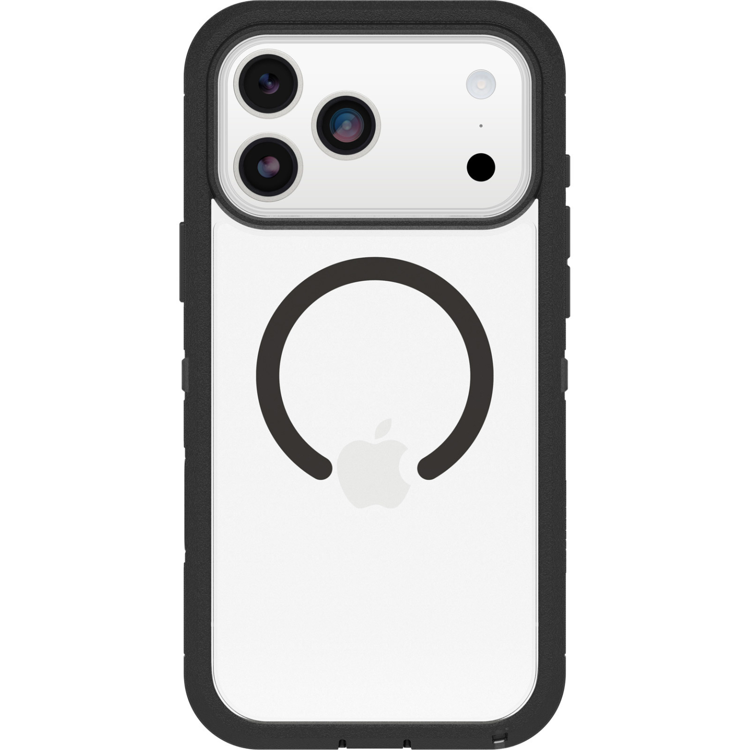 Een doorzichtige telefoonhoes met een zwart frame. Het heeft een witte achterkant met een zwarte ring en een Apple-logo. De camera van de telefoon is zichtbaar.